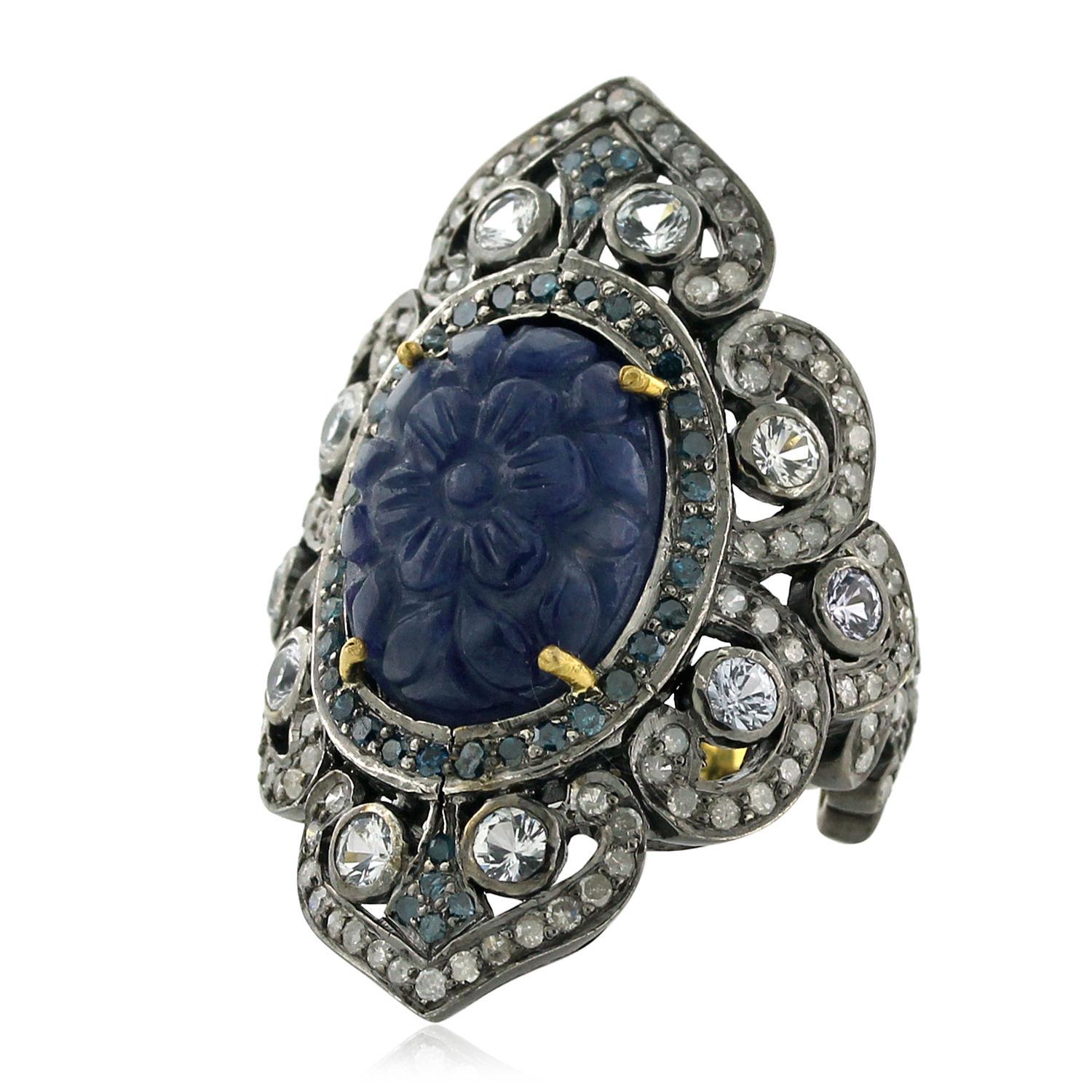 Faceted Blue Sapphire Cocktail Ring Made in 18k Gold & Silver