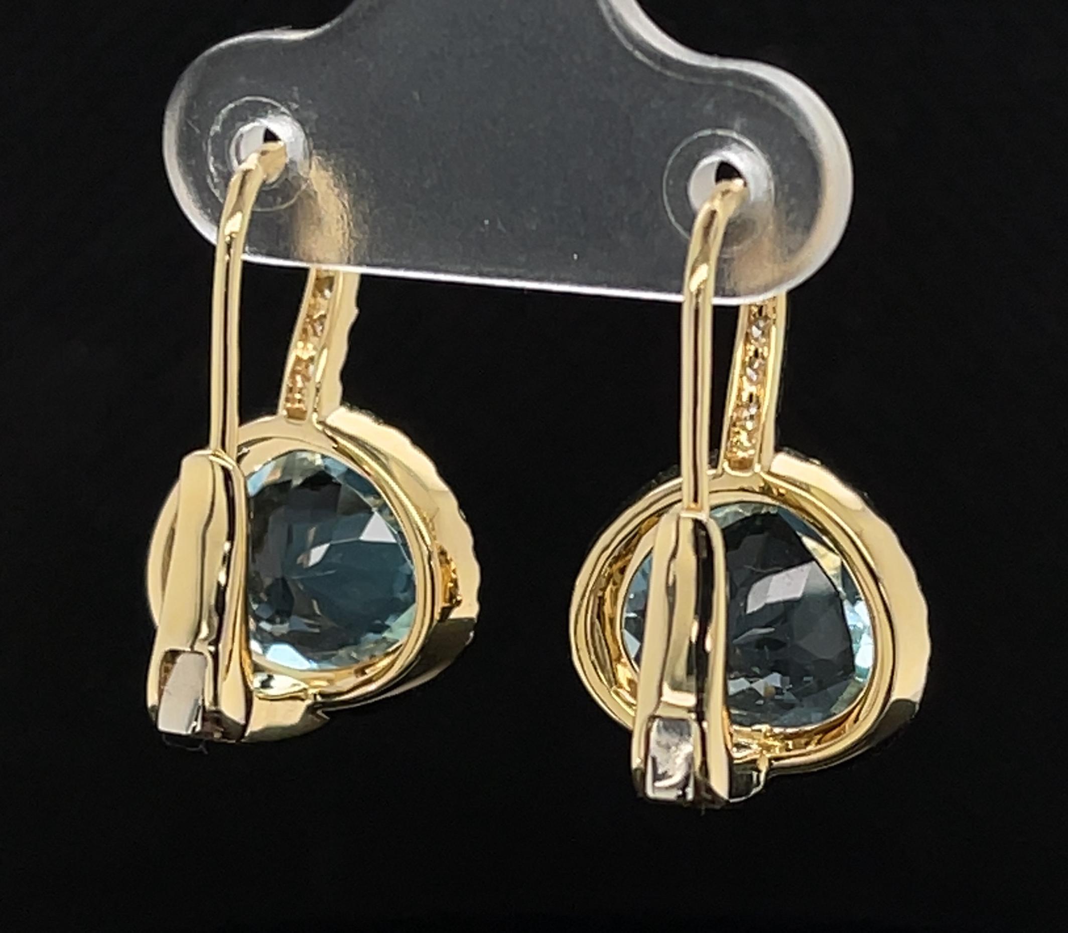Blue Topaz and Diamond Halo Drop Earrings in Yellow Gold, 5.49 Carats Total For Sale 1