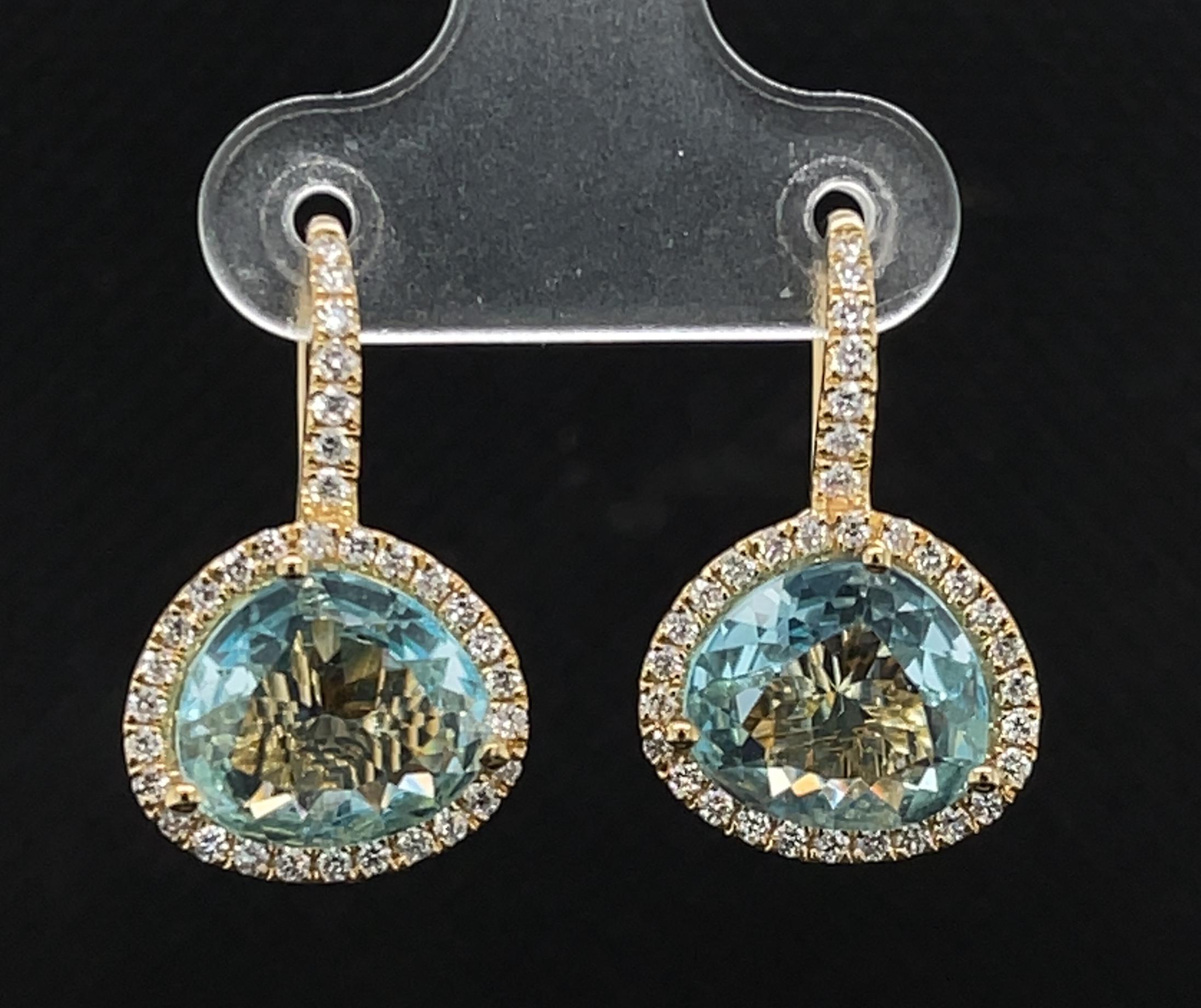 Blue Topaz and Diamond Halo Drop Earrings in Yellow Gold, 5.49 Carats Total For Sale 2