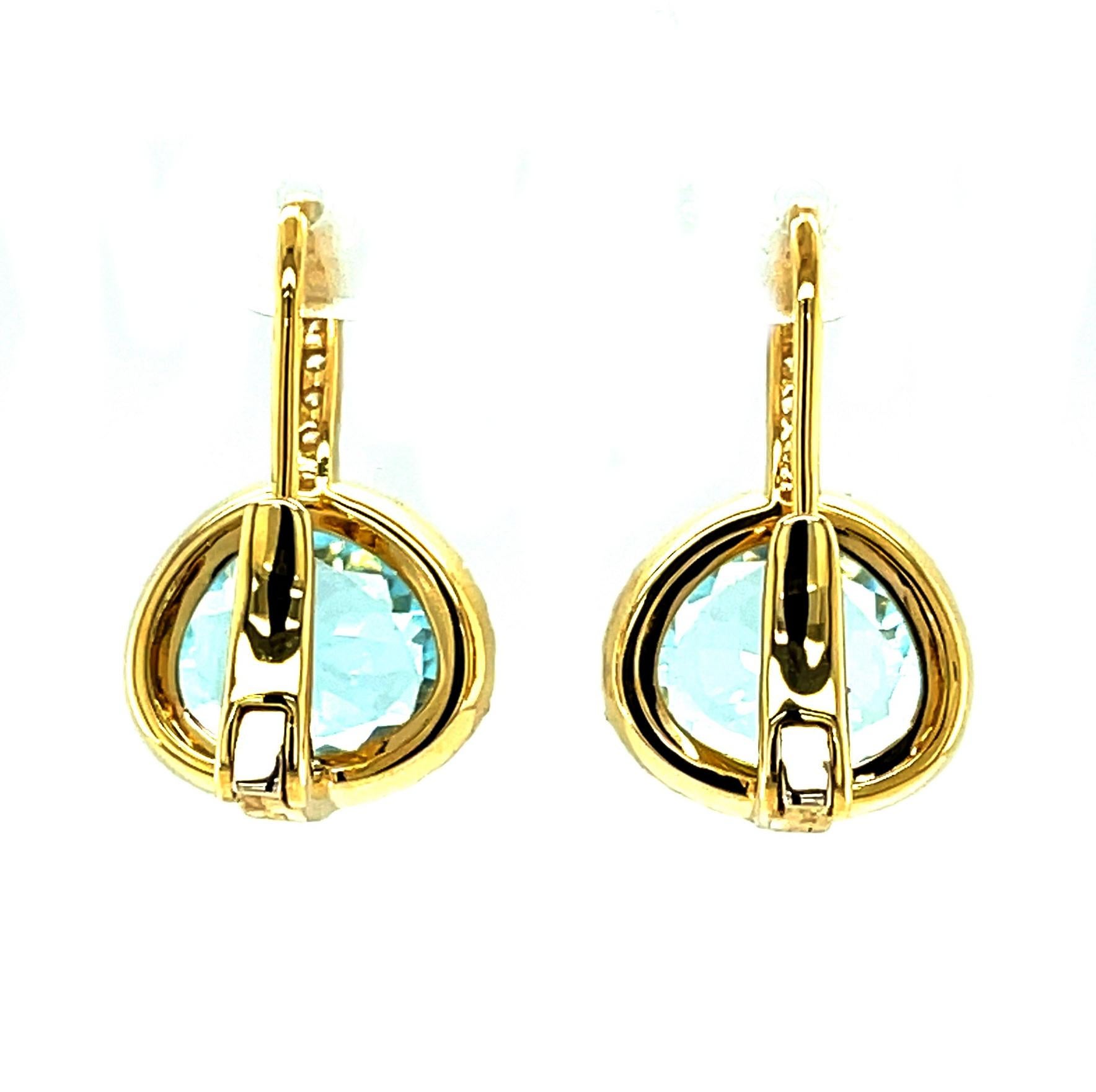 Artisan Blue Topaz and Diamond Halo Drop Earrings in Yellow Gold, 5.49 Carats Total For Sale