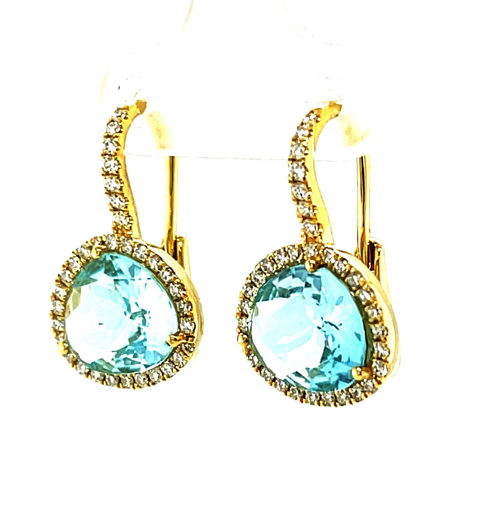 Brilliant Cut Blue Topaz and Diamond Halo Drop Earrings in Yellow Gold, 5.49 Carats Total For Sale