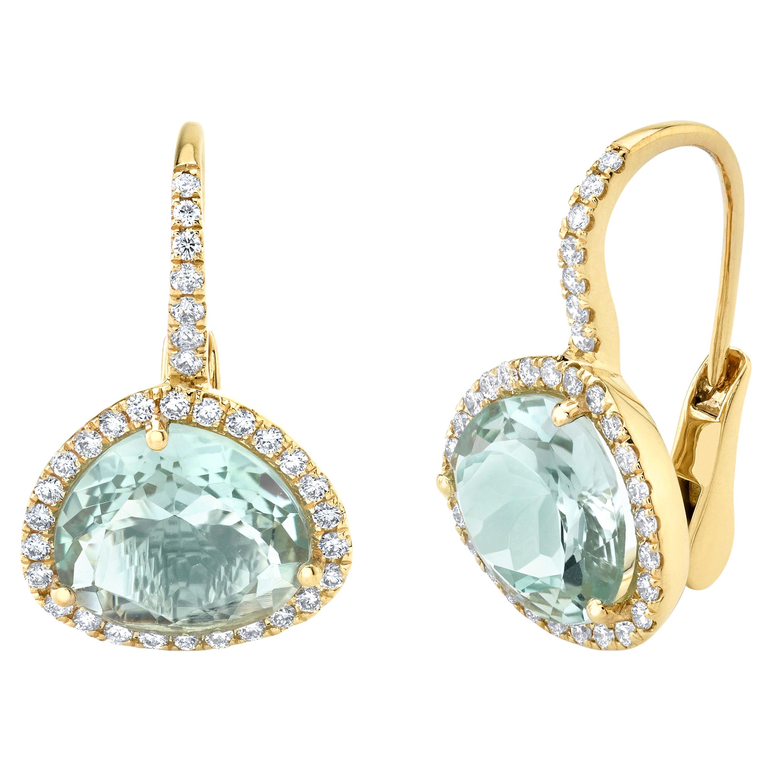 Blue Topaz and Diamond Halo Drop Earrings in Yellow Gold, 5.49 Carats Total For Sale