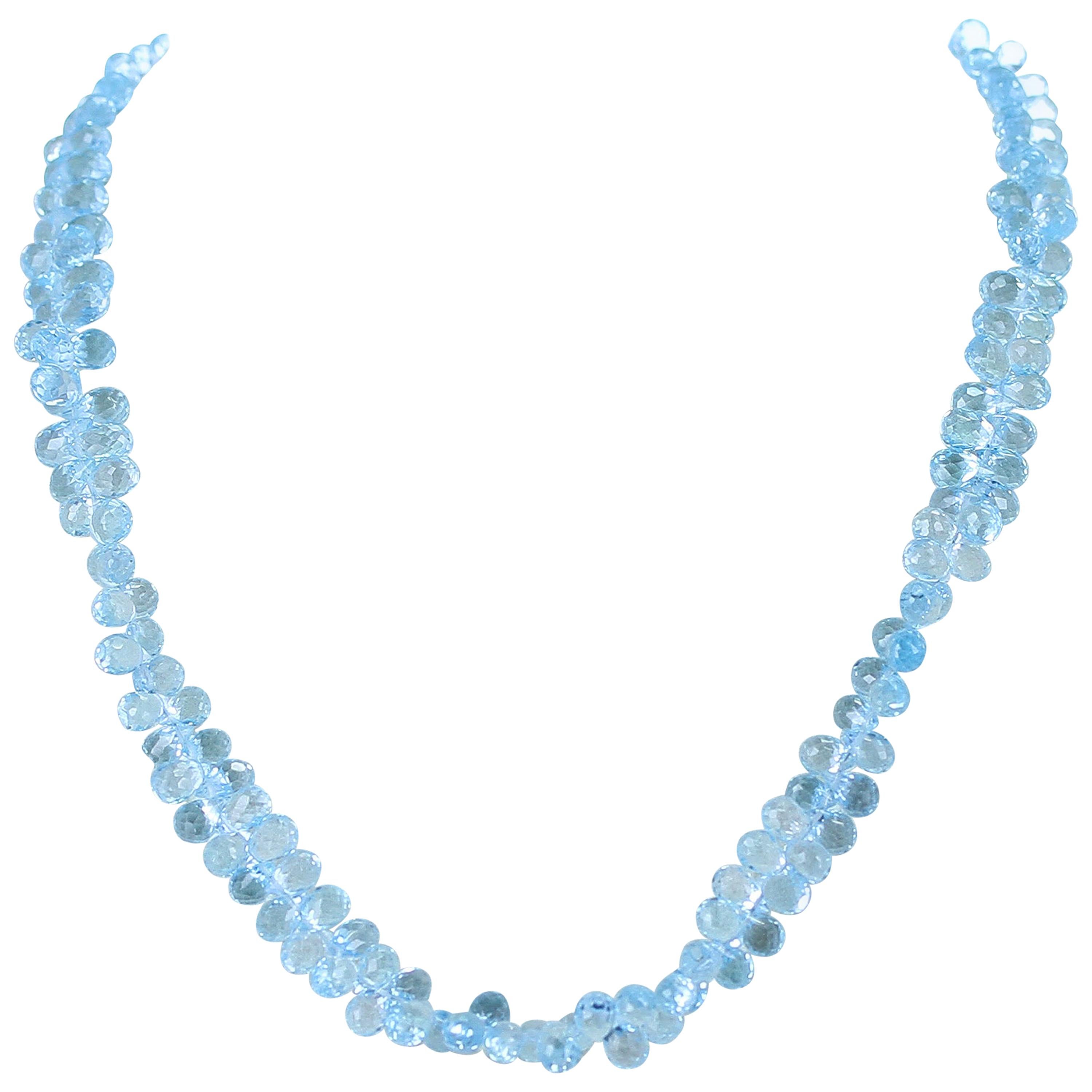 Genuine Faceted Blue Topaz Briolette Drop Necklace, 14 Karat White For Sale