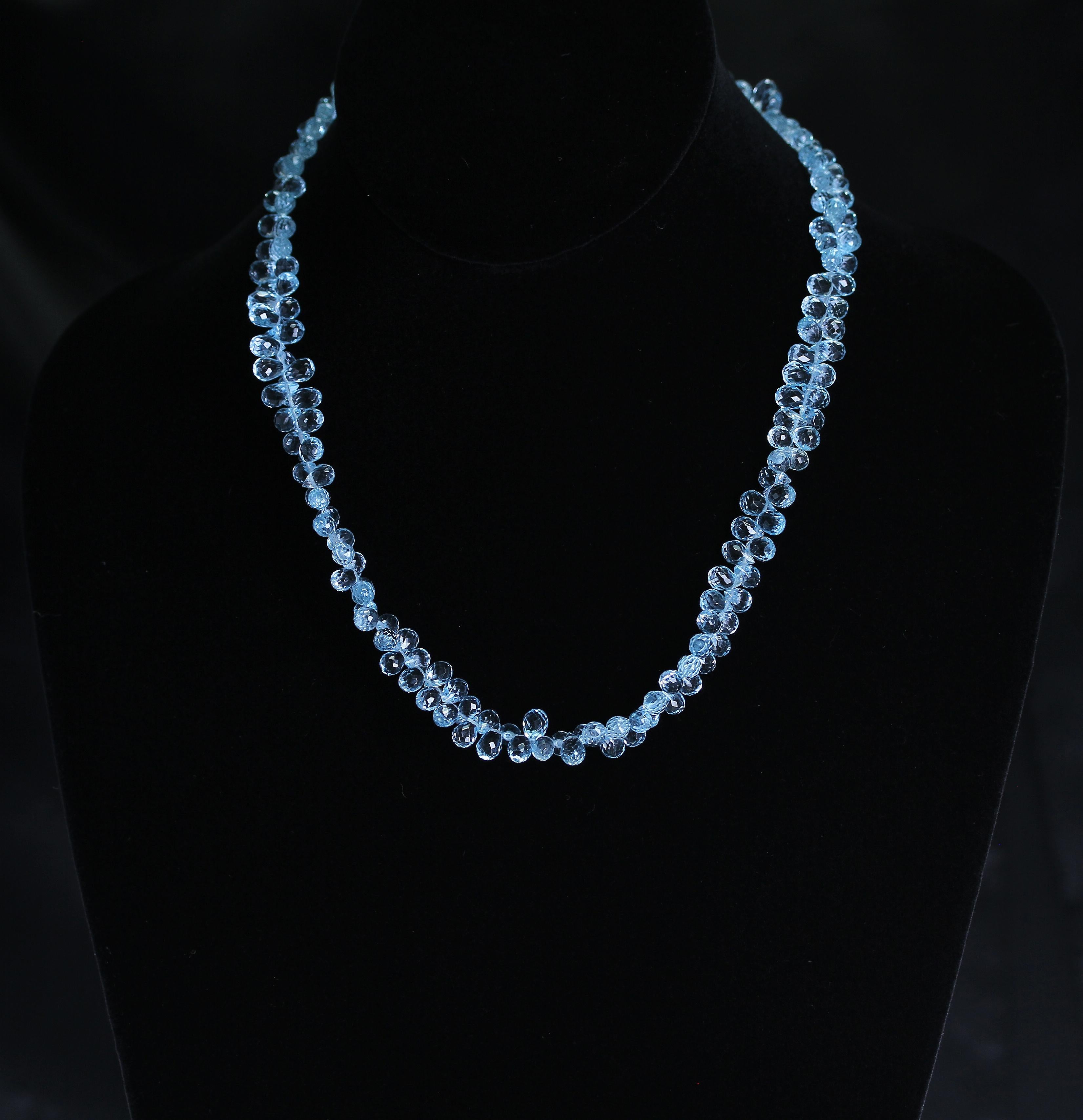 Briolette Cut Genuine Faceted Blue Topaz Briolette Drop Necklace, 14 Karat White For Sale