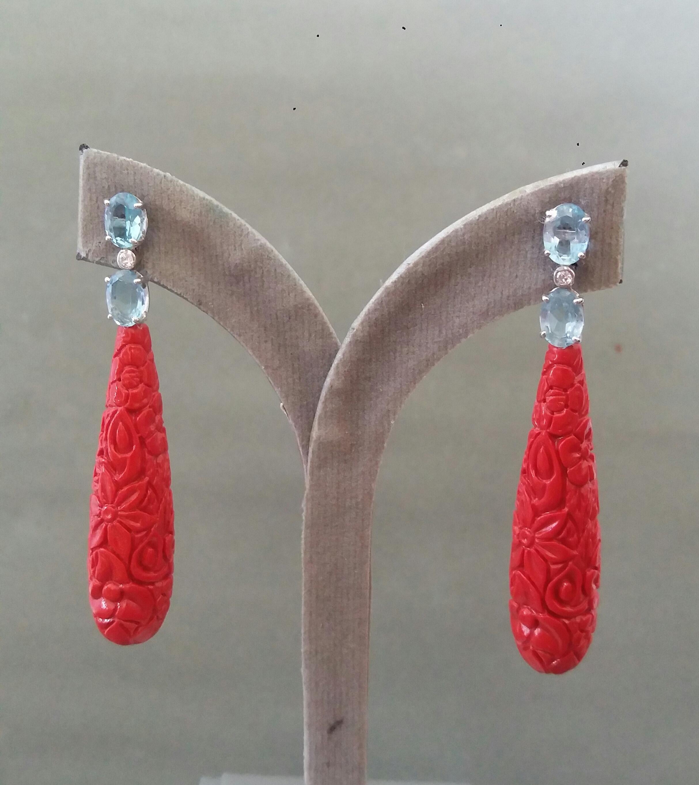 Faceted Blue Topaz White Gold Diamonds Carved Chinese Red Lacquer Drop Earrings For Sale 4