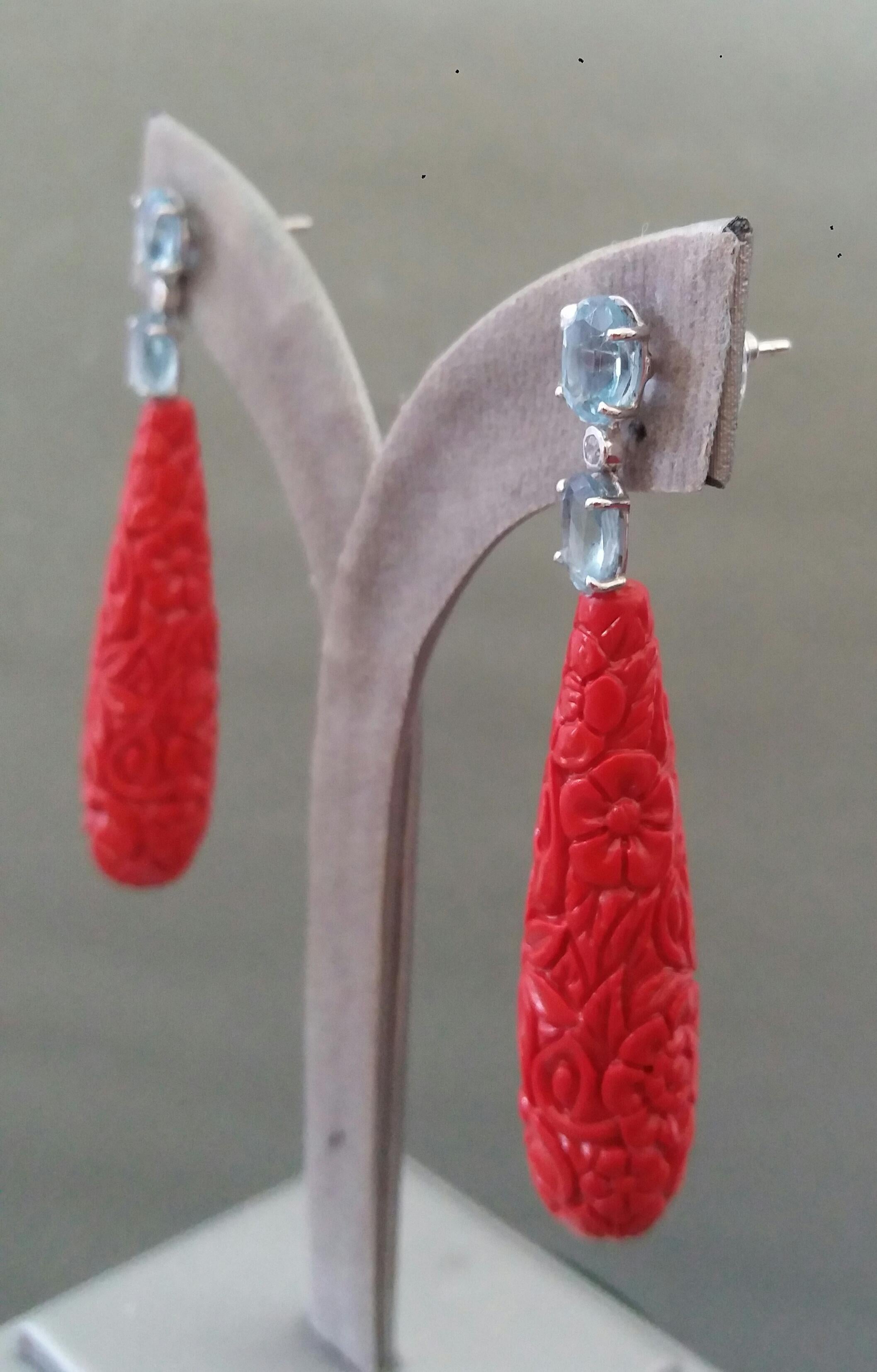Faceted Blue Topaz White Gold Diamonds Carved Chinese Red Lacquer Drop Earrings For Sale 5