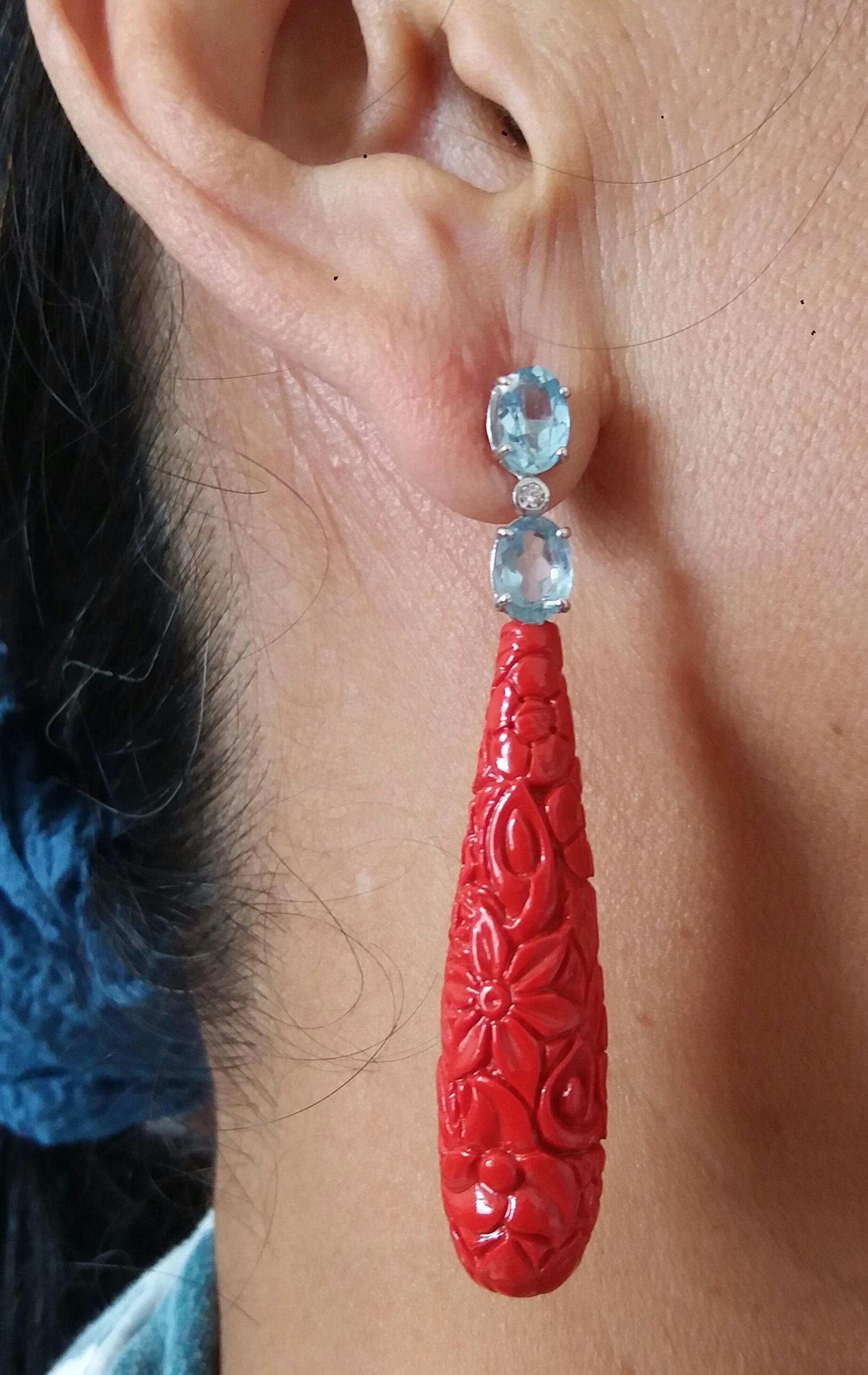 Faceted Blue Topaz White Gold Diamonds Carved Chinese Red Lacquer Drop Earrings For Sale 6