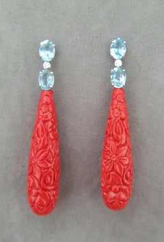 Faceted Blue Topaz White Gold Diamonds Carved Chinese Red Lacquer Drop Earrings