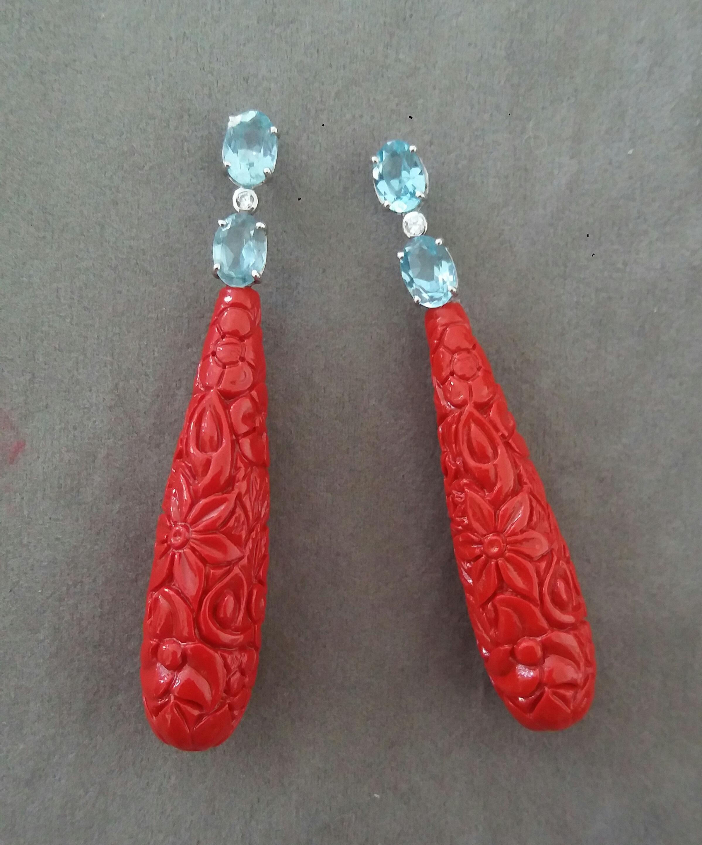 Art Deco Faceted Blue Topaz White Gold Diamonds Carved Chinese Red Lacquer Drop Earrings For Sale