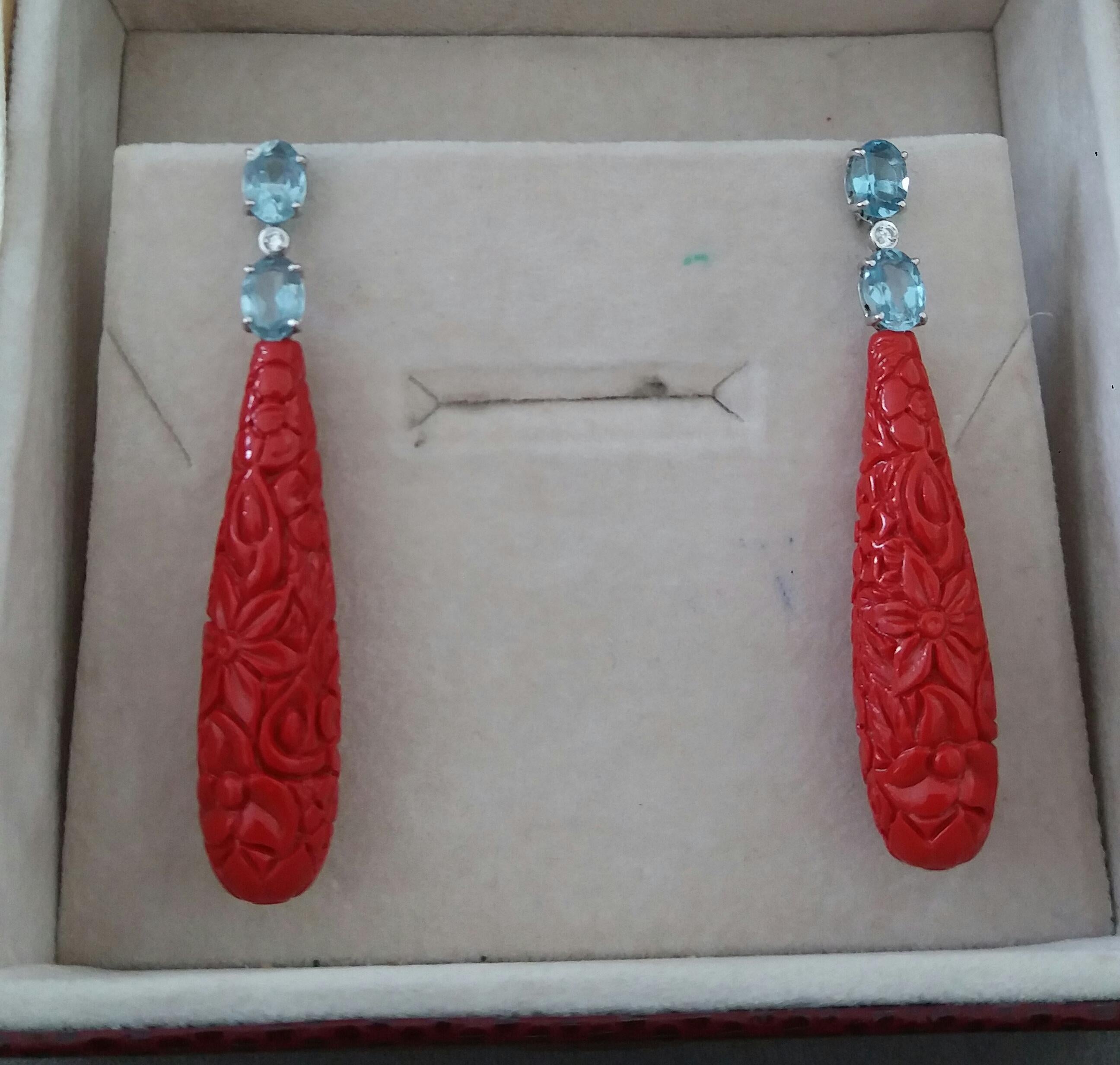 Faceted Blue Topaz White Gold Diamonds Carved Chinese Red Lacquer Drop Earrings For Sale 2