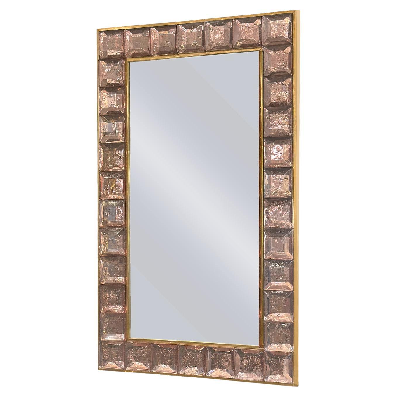 Faceted Blush Murano Glass Block & Brass Framed Mirror