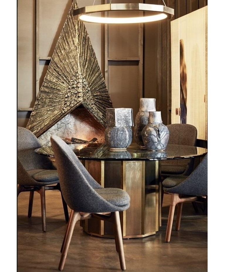 Brass drum table base beautifully designed by Bernard Rohne for the Mastercraft Company. However, geometric to the eye, this substantial piece could be used as a dining table base (statuary marble with slight gold veining would look very clean and