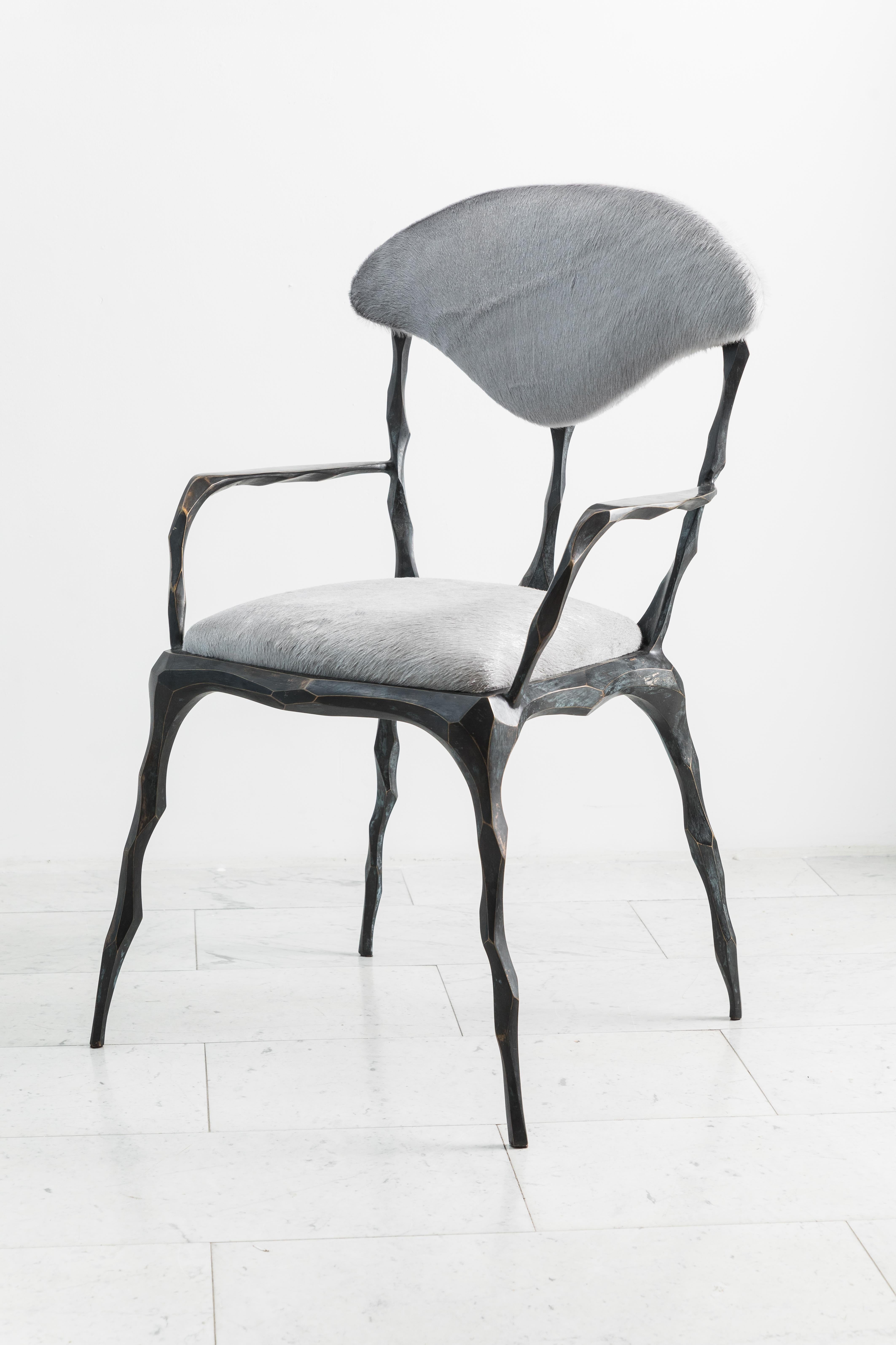 Faceted Bronze Patina Dining Chair with Arms, USA In New Condition For Sale In New York, NY