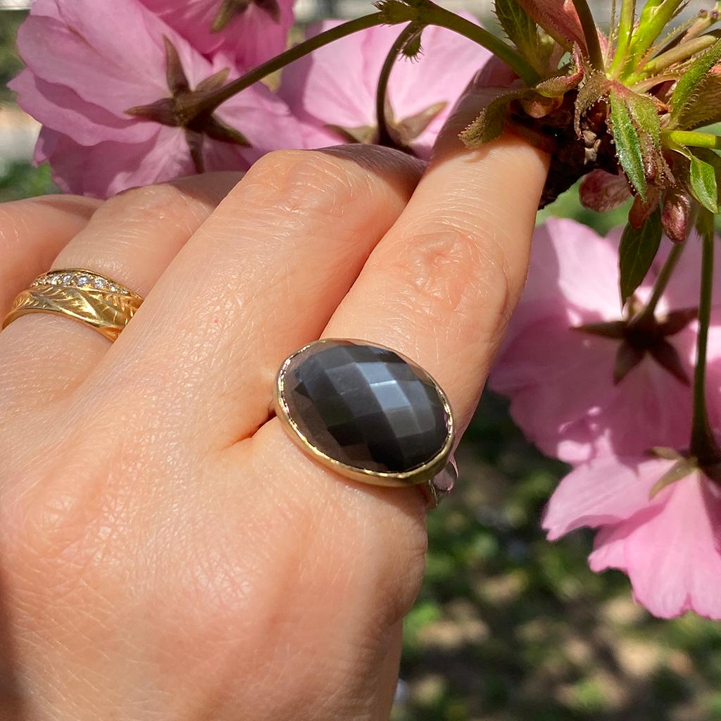 Contemporary Faceted Brown Moonstone 18 Karat Yellow Gold and Sterling Silver Ring by K.MITA For Sale