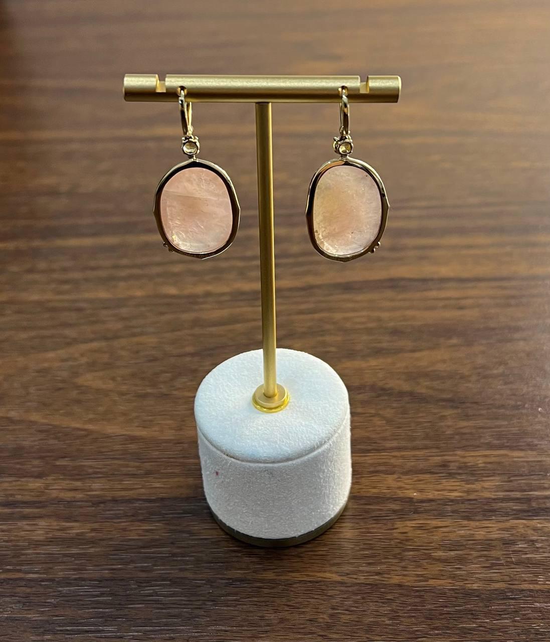 Faceted Cabochon Peach Rose Quartz Diamond Halo 14K Yellow Gold Drop Earrings In New Condition For Sale In Oakton, VA
