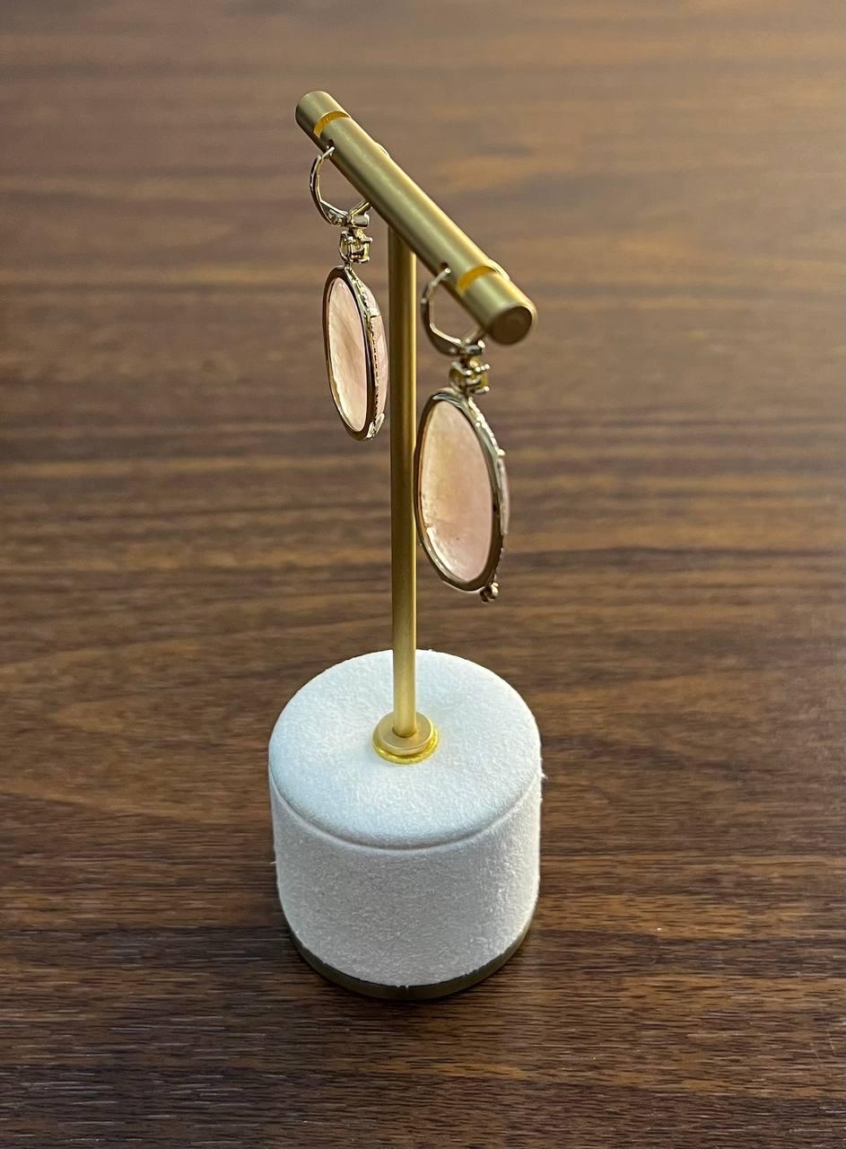 Women's Faceted Cabochon Peach Rose Quartz Diamond Halo 14K Yellow Gold Drop Earrings For Sale