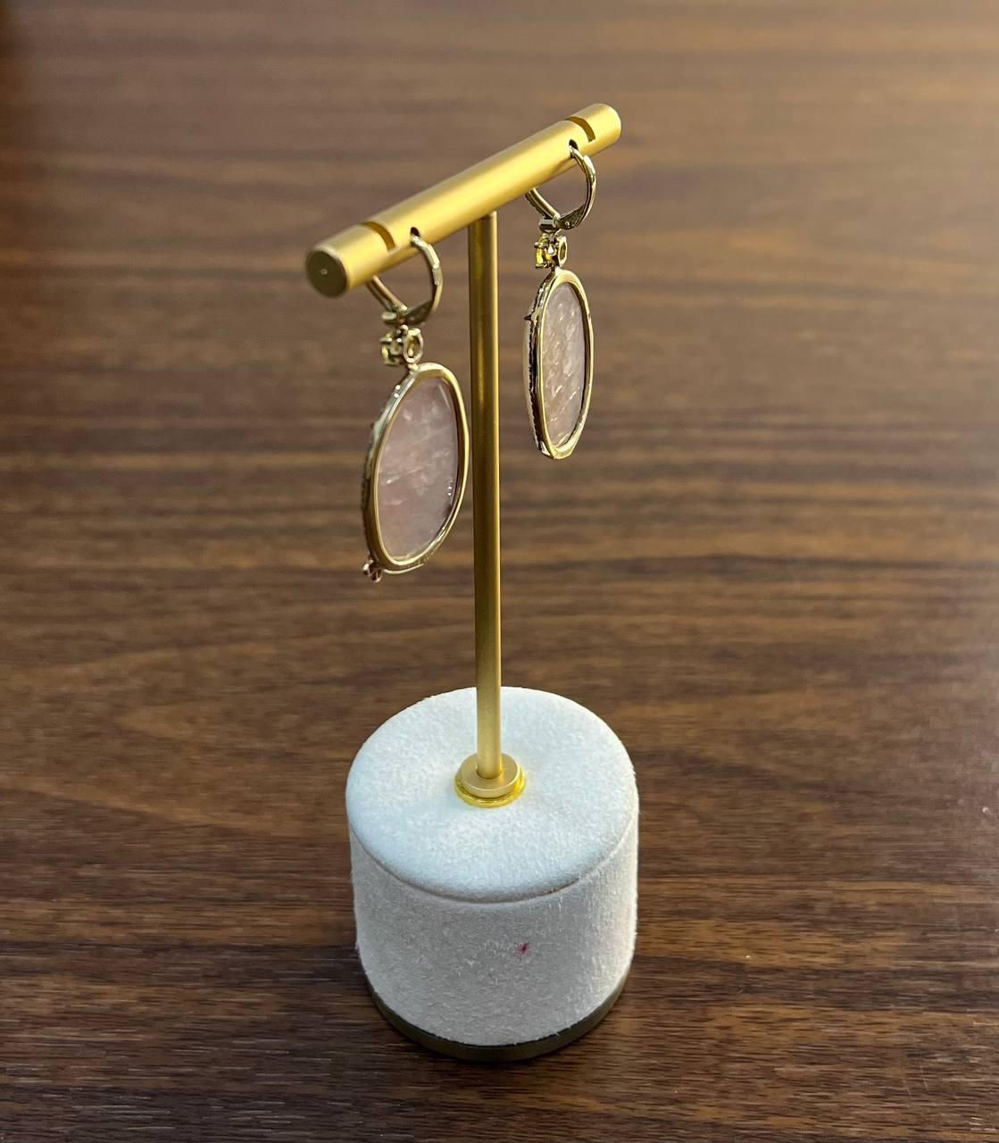 Faceted Cabochon Peach Rose Quartz Diamond Halo 14K Yellow Gold Drop Earrings For Sale 2