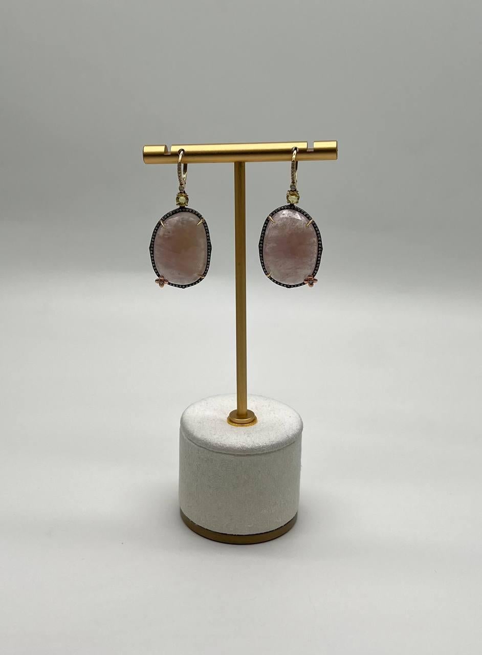 Faceted Cabochon Peach Rose Quartz Diamond Halo 14K Yellow Gold Drop Earrings For Sale 3