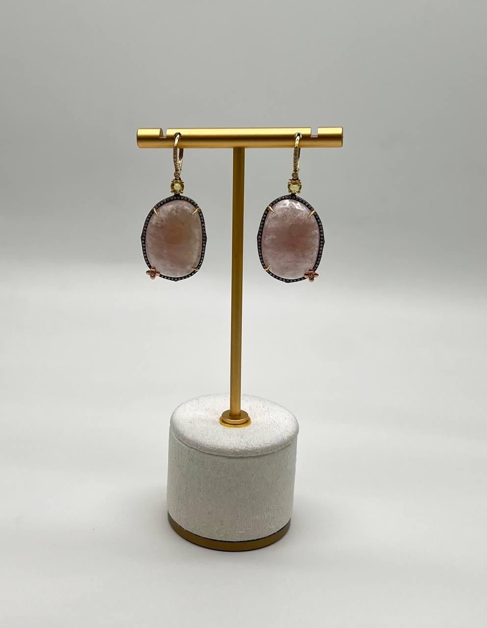 Faceted Cabochon Peach Rose Quartz Diamond Halo 14K Yellow Gold Drop Earrings For Sale 4