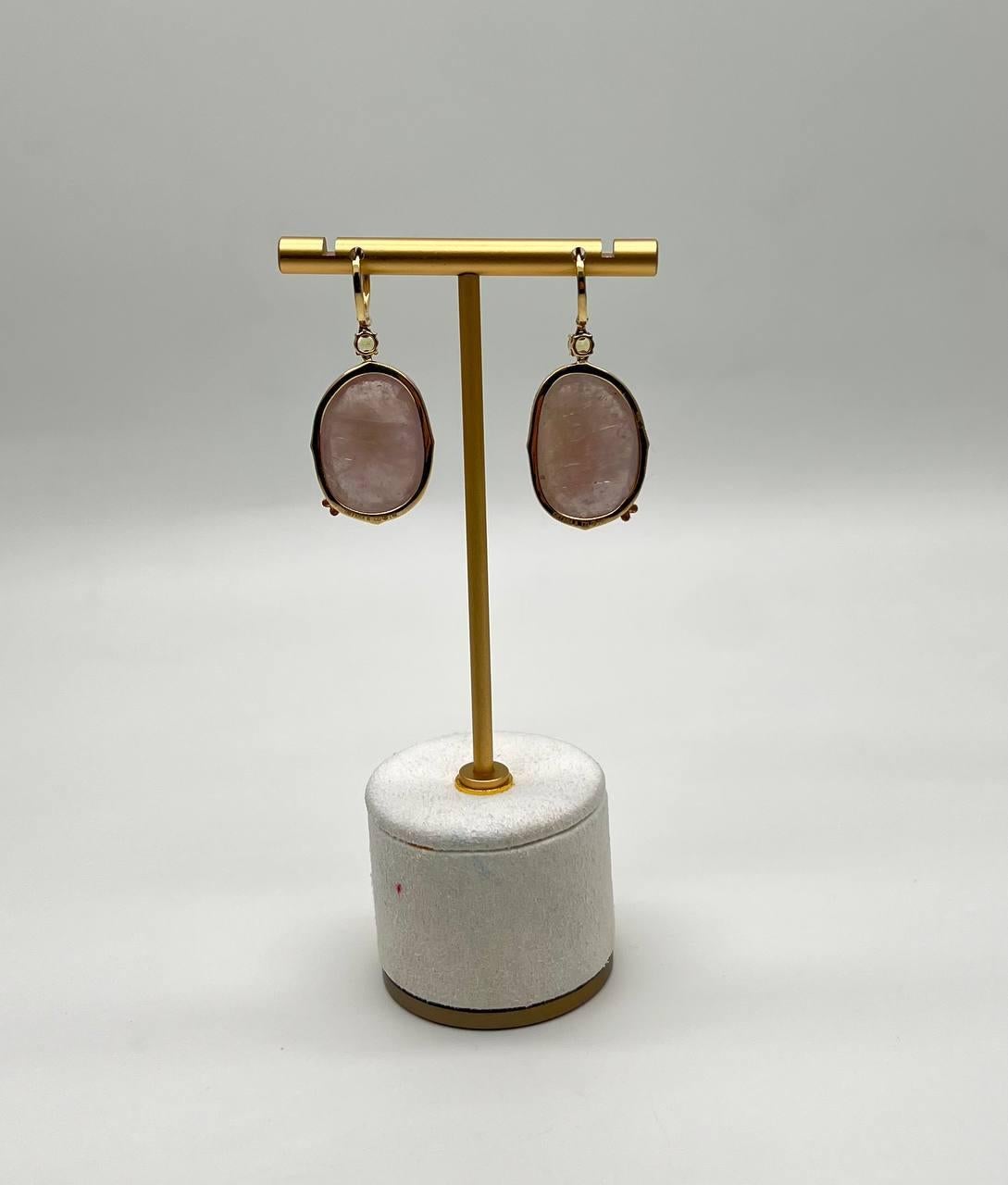 Faceted Cabochon Peach Rose Quartz Diamond Halo 14K Yellow Gold Drop Earrings For Sale 5