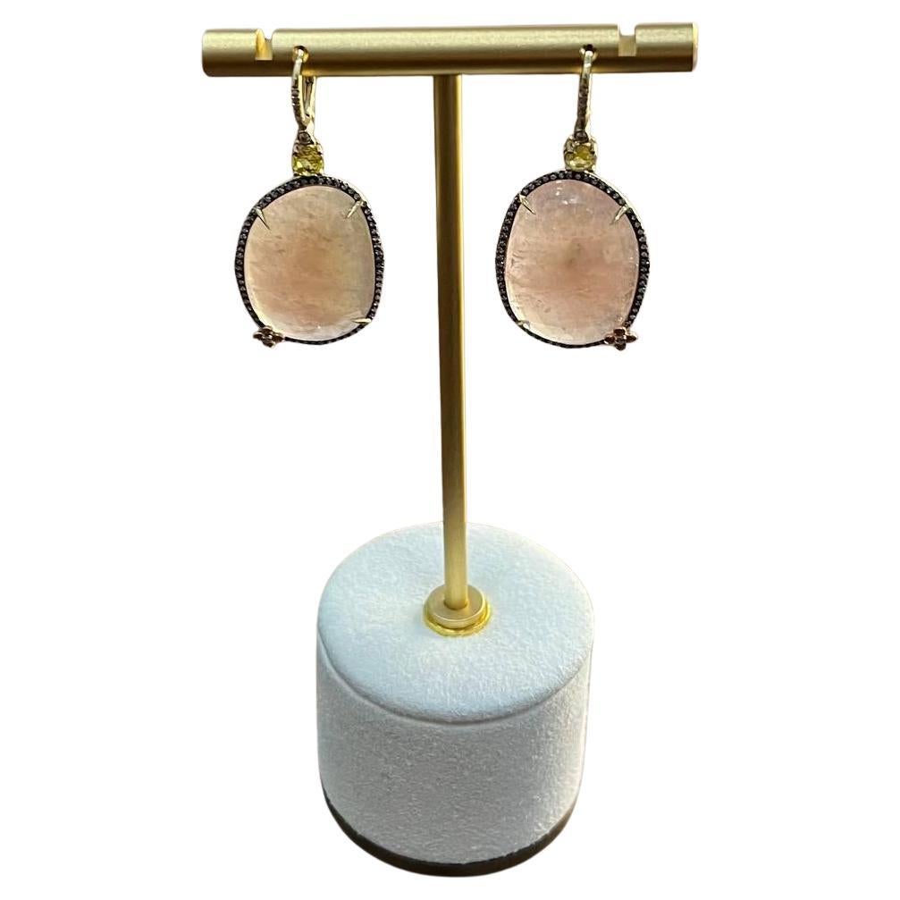 Pendientes Gota Oro Amarillo 14K Cabujón Facetado Cuarzo Rosa Melocotón Halo de Diamantes