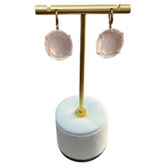Faceted Cabochon Pink Rose Quartz Diamond Halo Frame 14K Gold Statement Earrings
