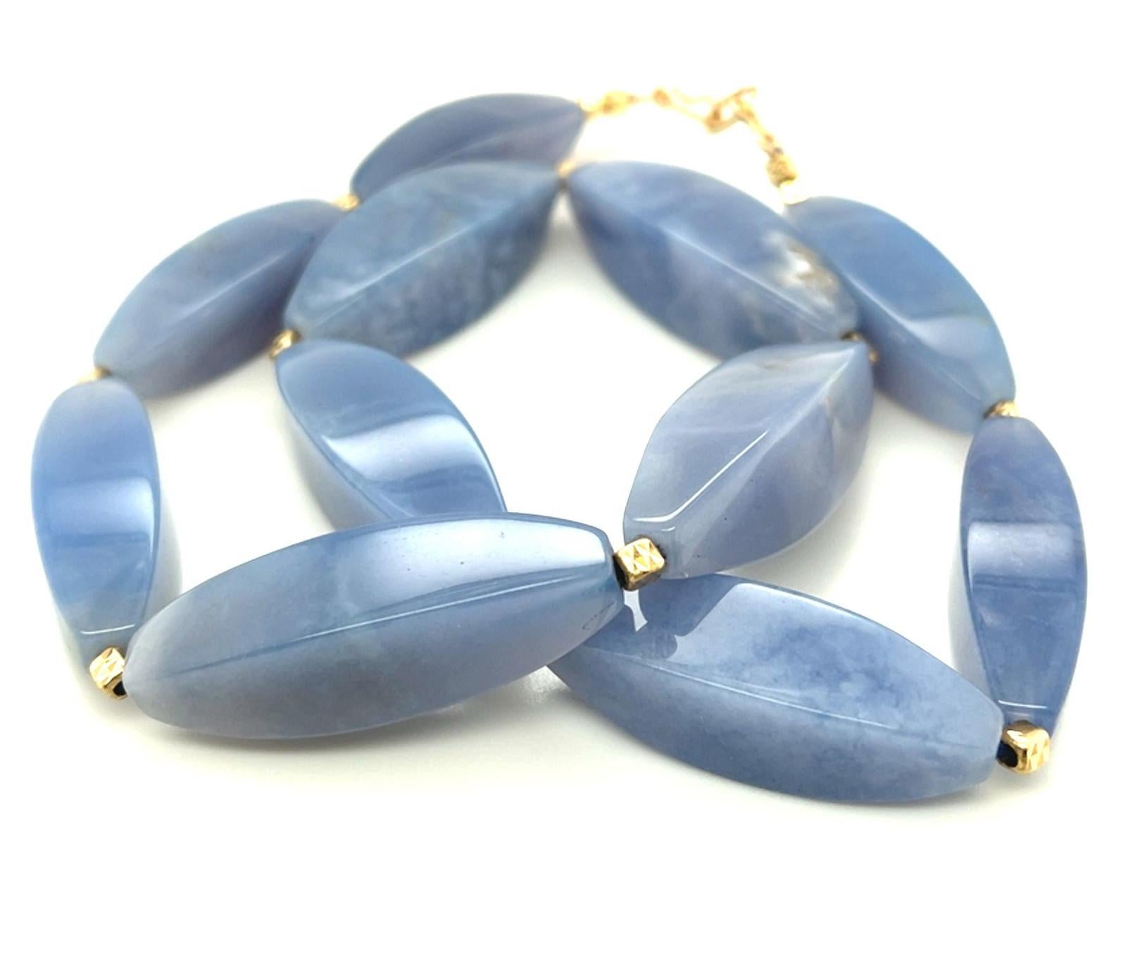 Artisan Faceted Chalcedony and 14k Yellow Gold Beaded Necklace, 19 Inches Long For Sale