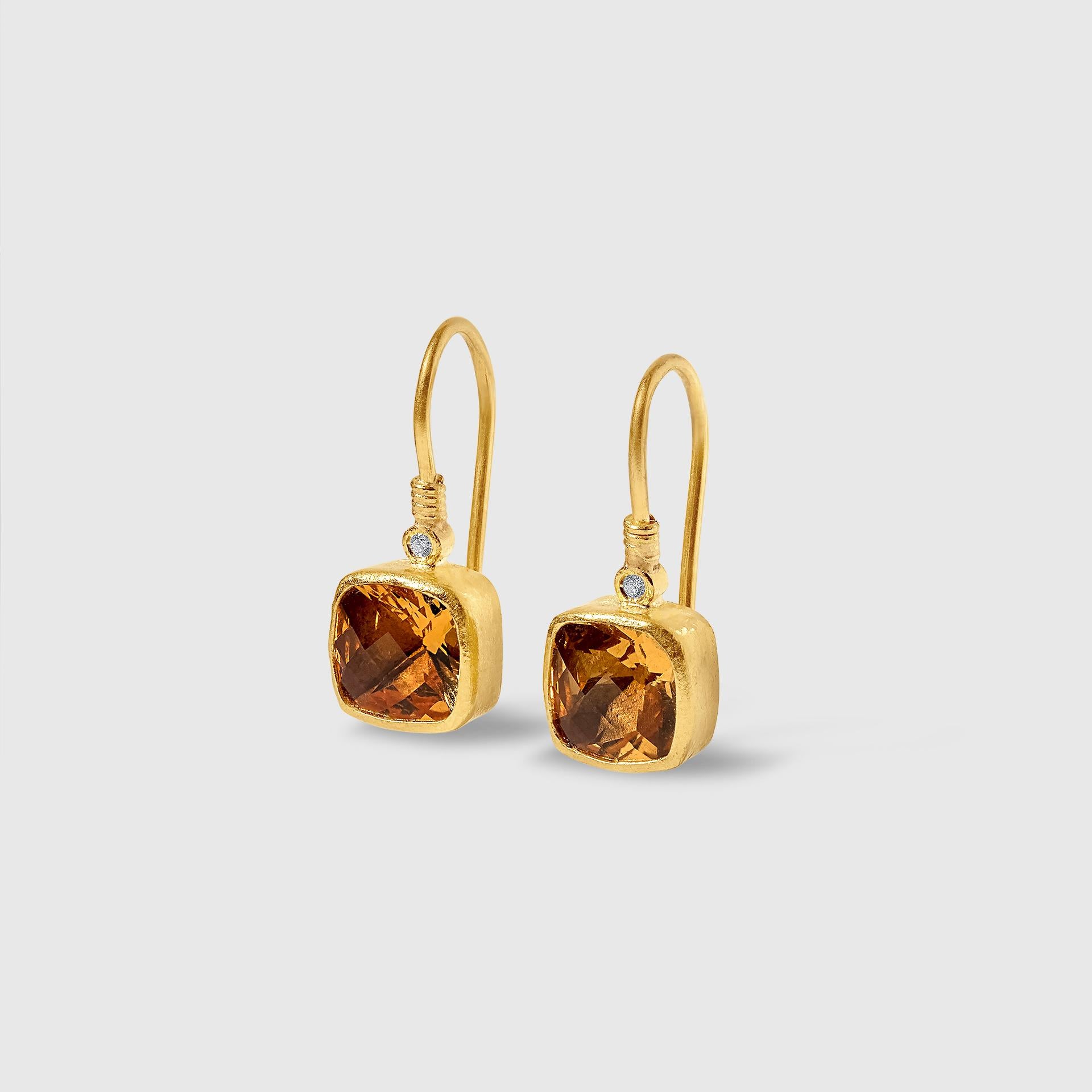 Faceted Checkerboard Citrine Earrings with Diamond Detail in 24kt Gold by Prehistoric Works of Istanbul, Turkey. Length: 22mm (.85