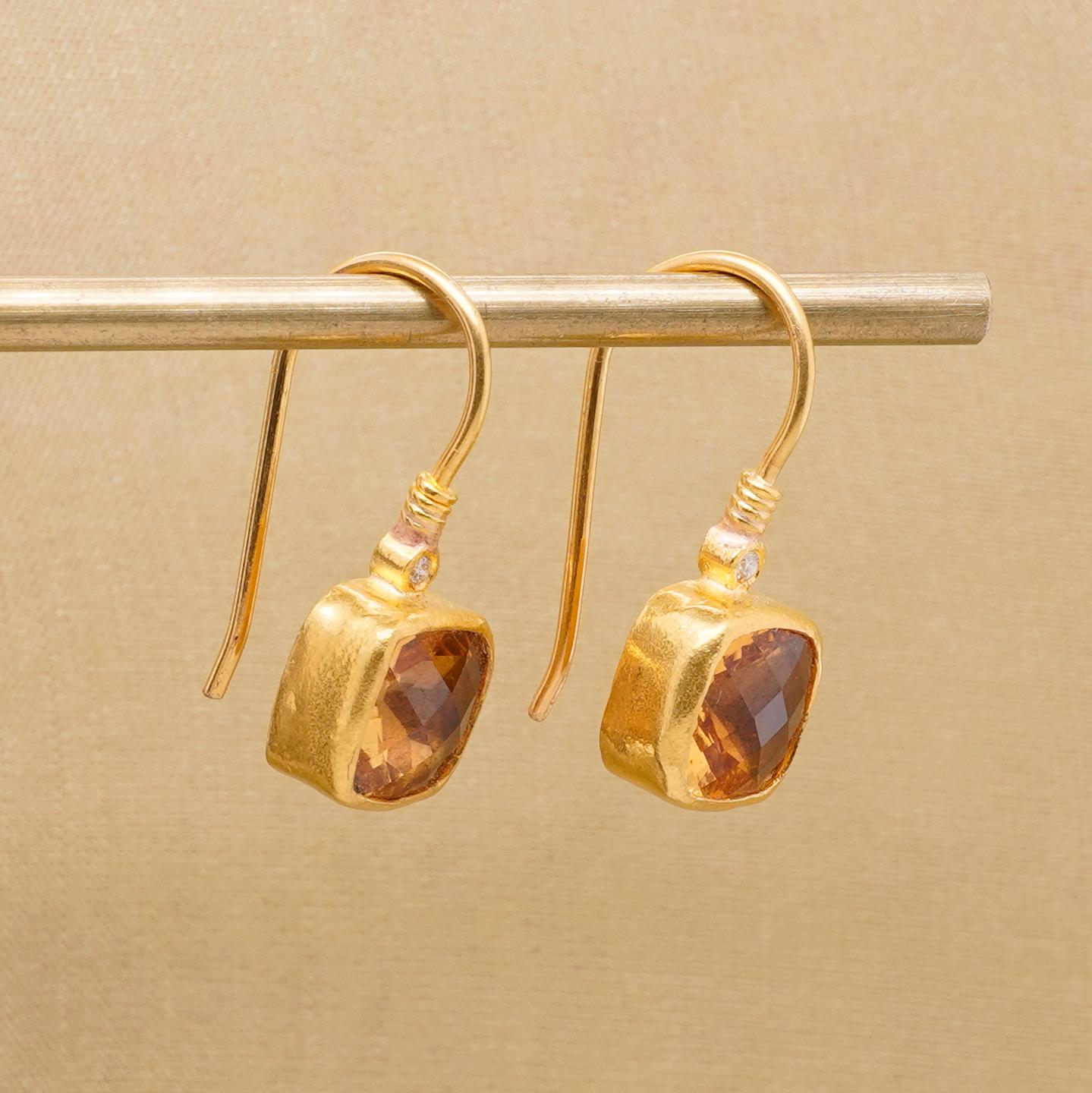 Cushion Cut Faceted Checkerboard 3.60 Ct Citrine Earrings with Diamond Detail in 24kt Gold For Sale