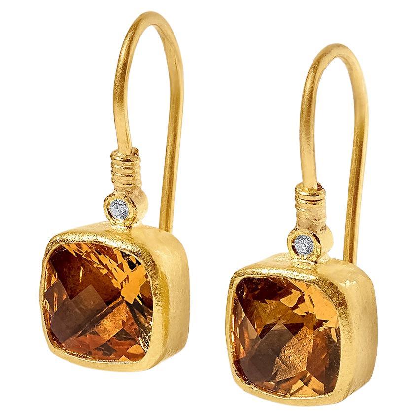 Faceted Checkerboard 3.60 Ct Citrine Earrings with Diamond Detail in 24kt Gold For Sale