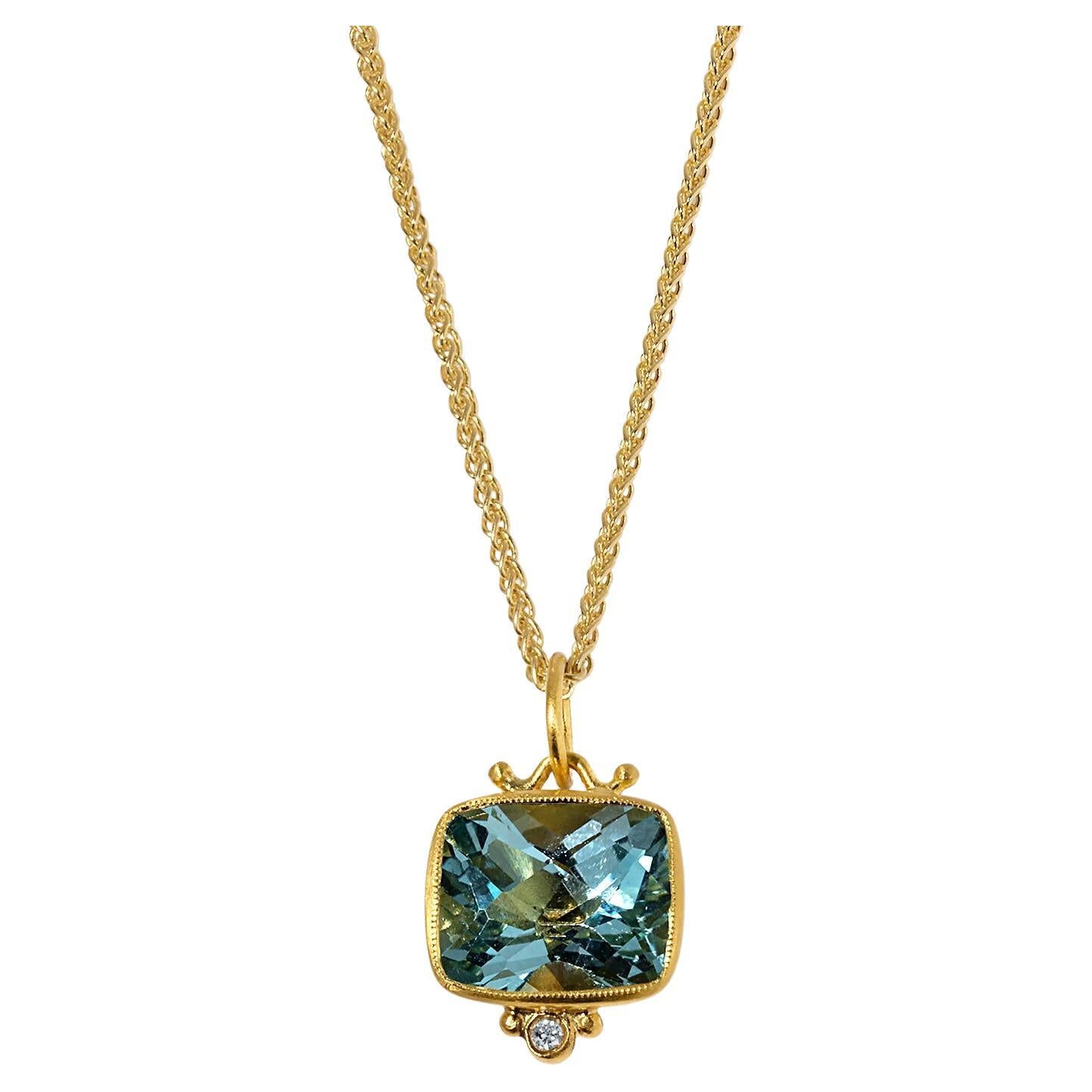 Faceted Checkerboard Bright Blue Topaz Pendant, 24K Solid Gold Necklace Pendant by Prehistoric Works of Istanbul, Turkey. These pendants look great alone or paired with other coin pendants or with miniature pendants. Measures 13mm x 16mm, Pendant