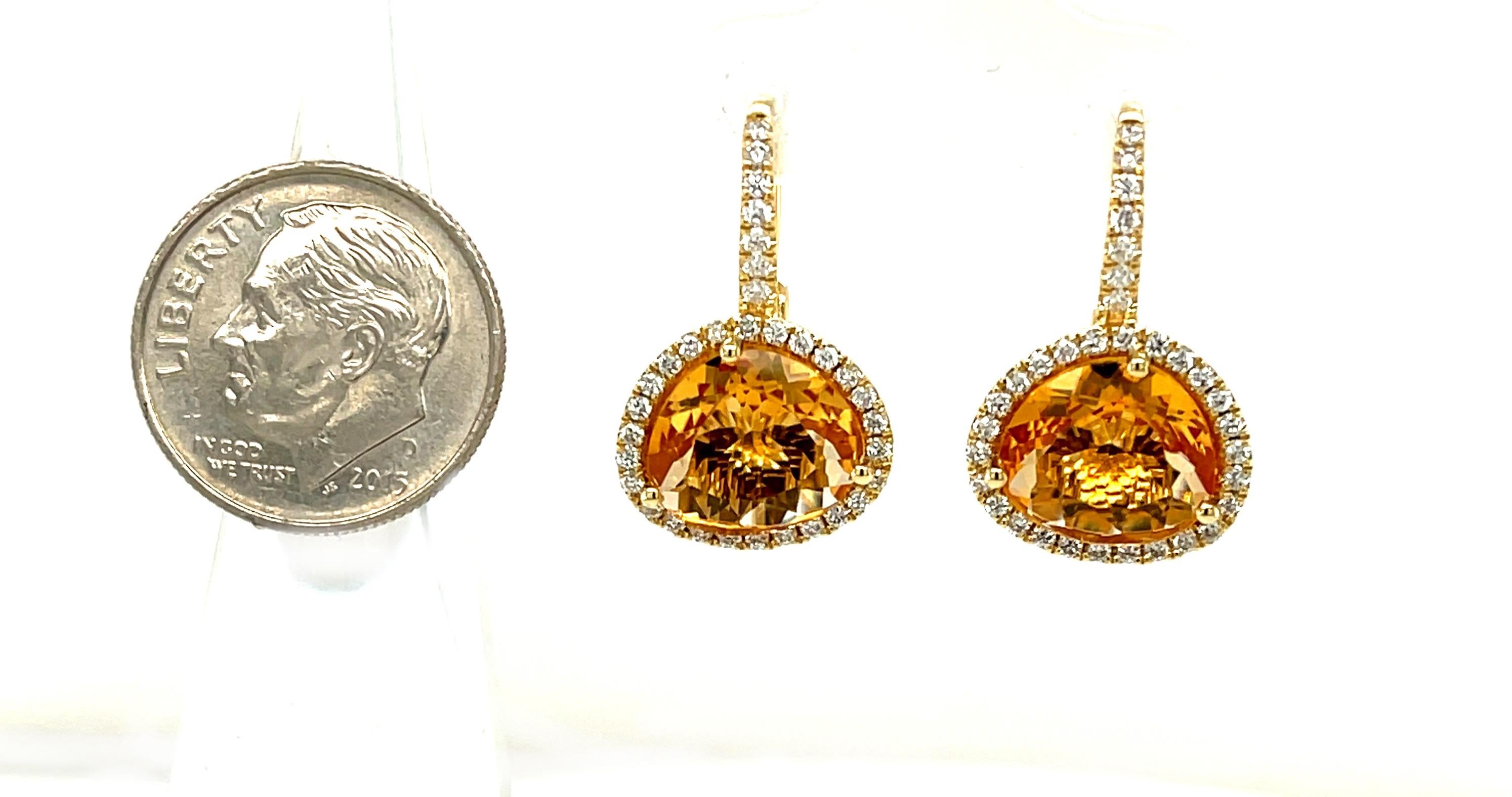Artisan Citrine and Diamond Halo Drop Earrings in Yellow Gold with Lever Backs