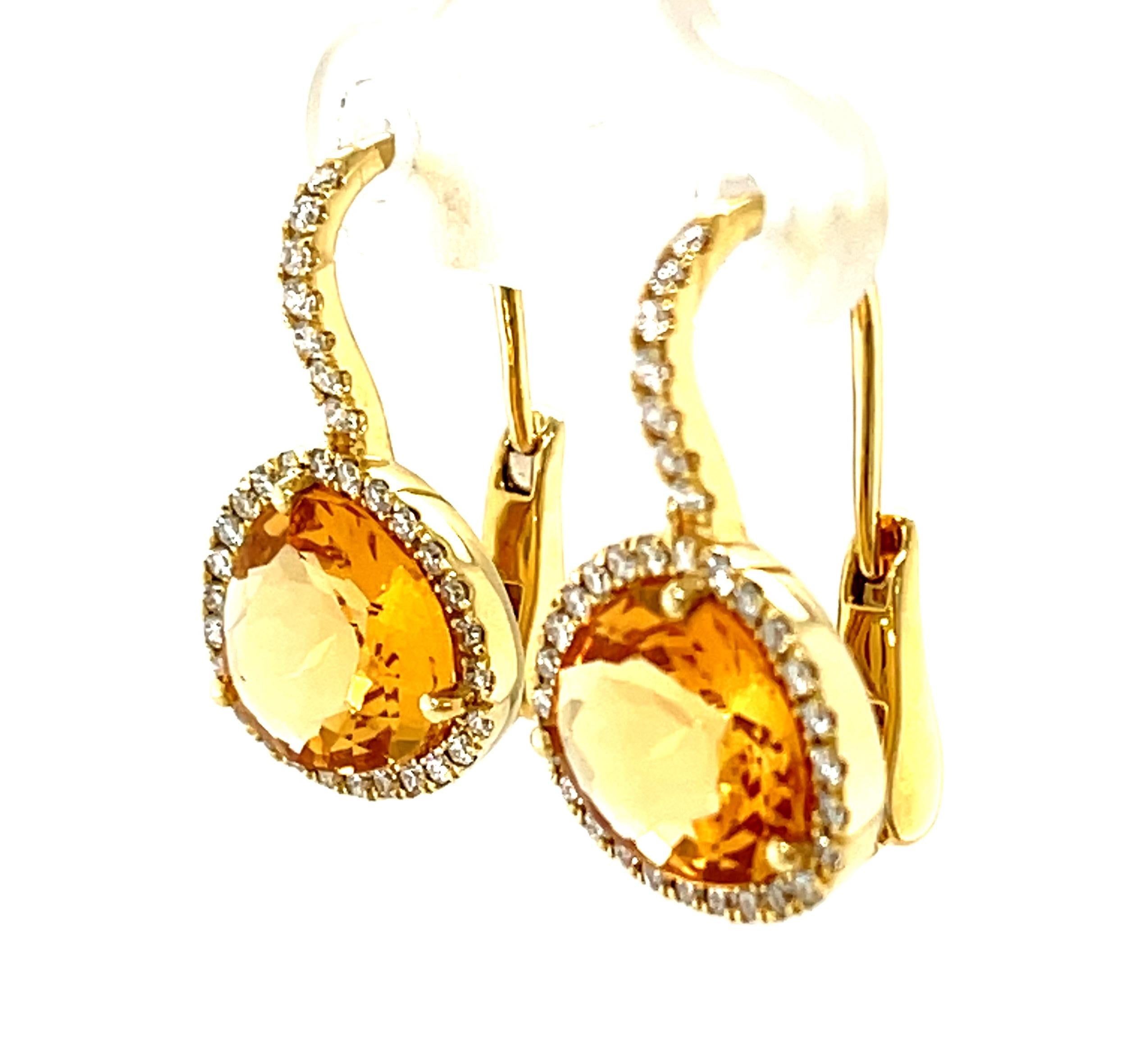 Pear Cut Citrine and Diamond Halo Drop Earrings in Yellow Gold with Lever Backs