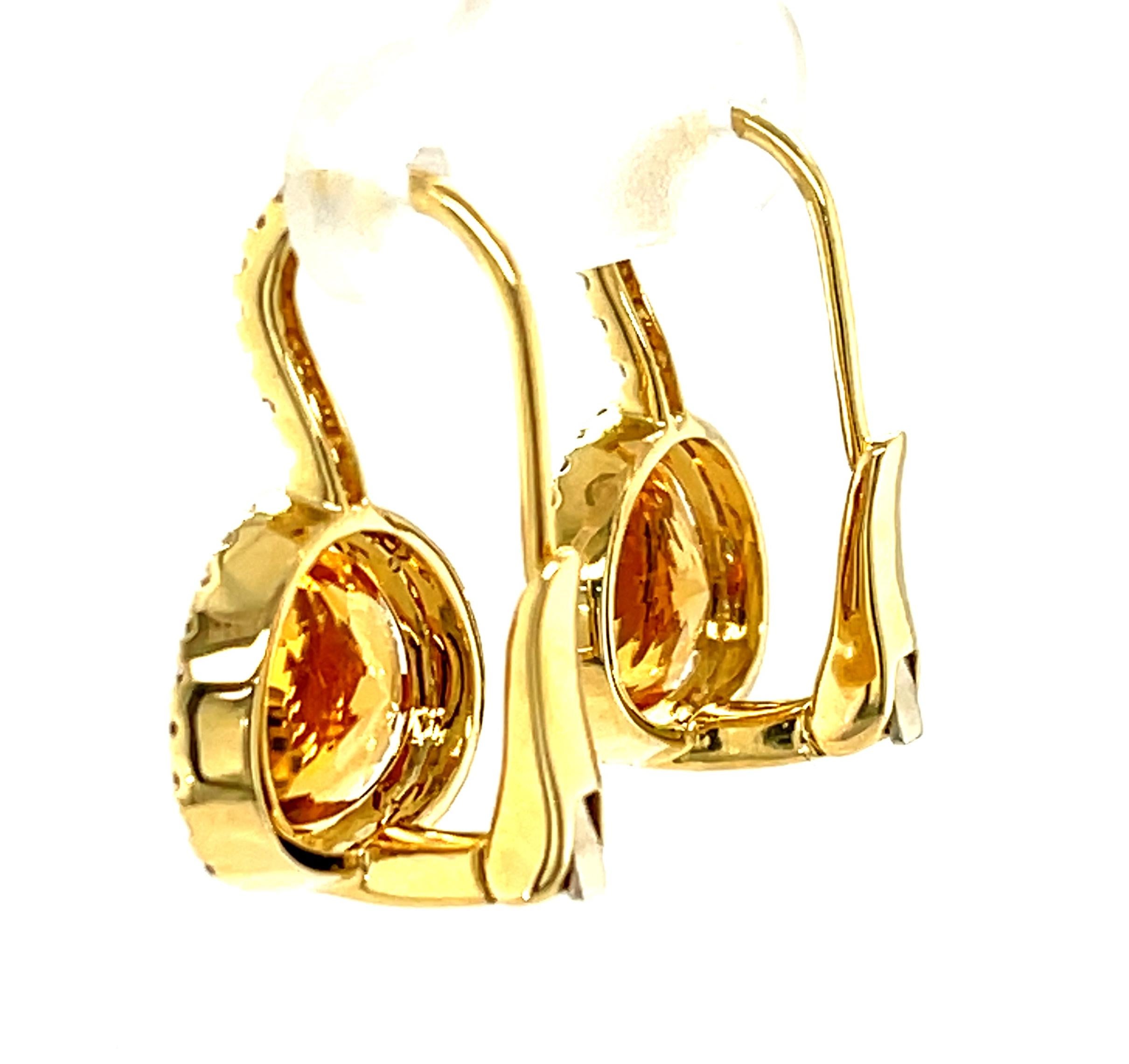 Citrine and Diamond Halo Drop Earrings in Yellow Gold with Lever Backs In New Condition In Los Angeles, CA