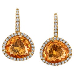 Citrine and Diamond Halo Drop Earrings in Yellow Gold with Lever Backs