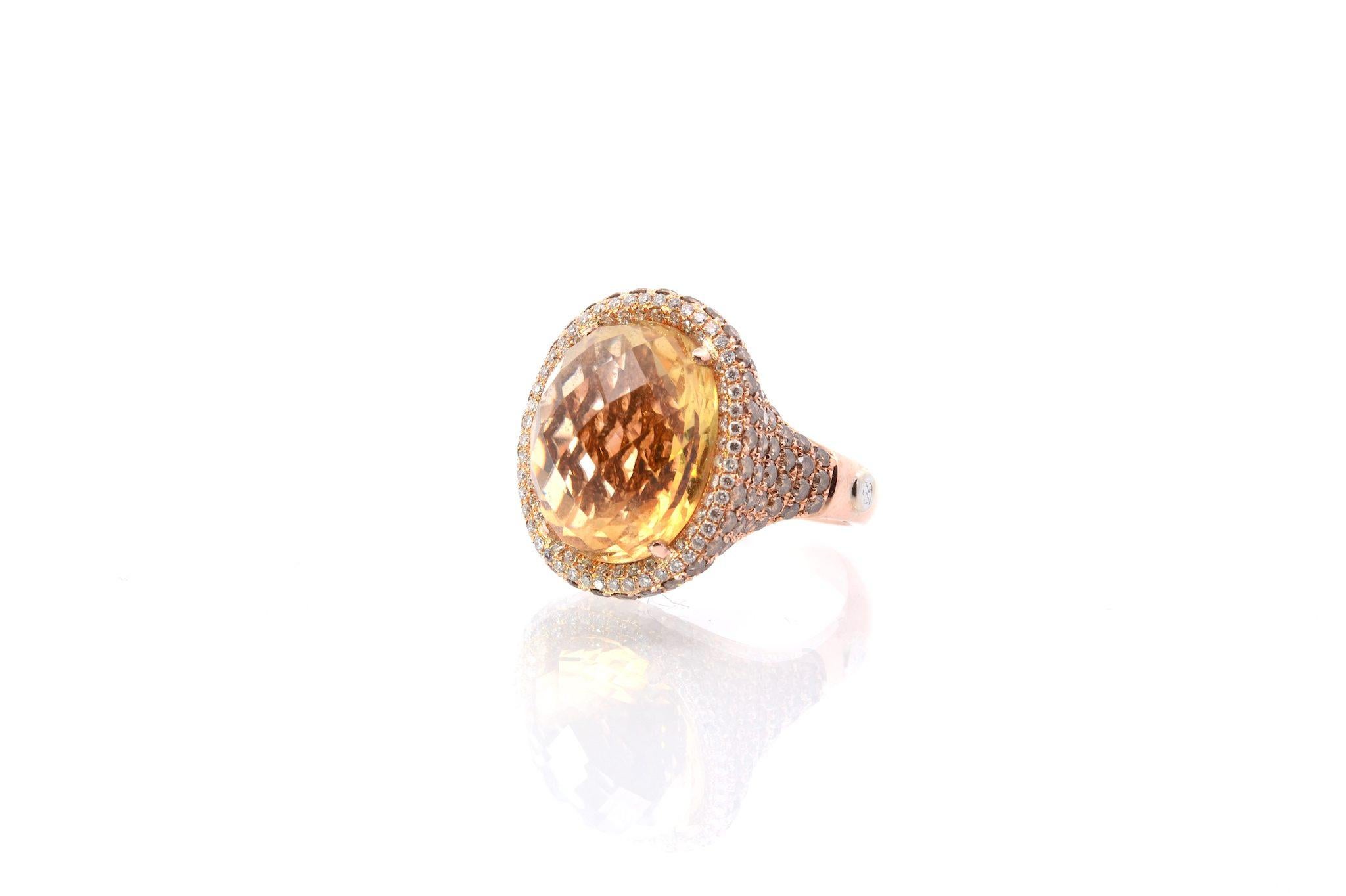Faceted citrine cabochon and brown diamond ring In Good Condition In PARIS, FR