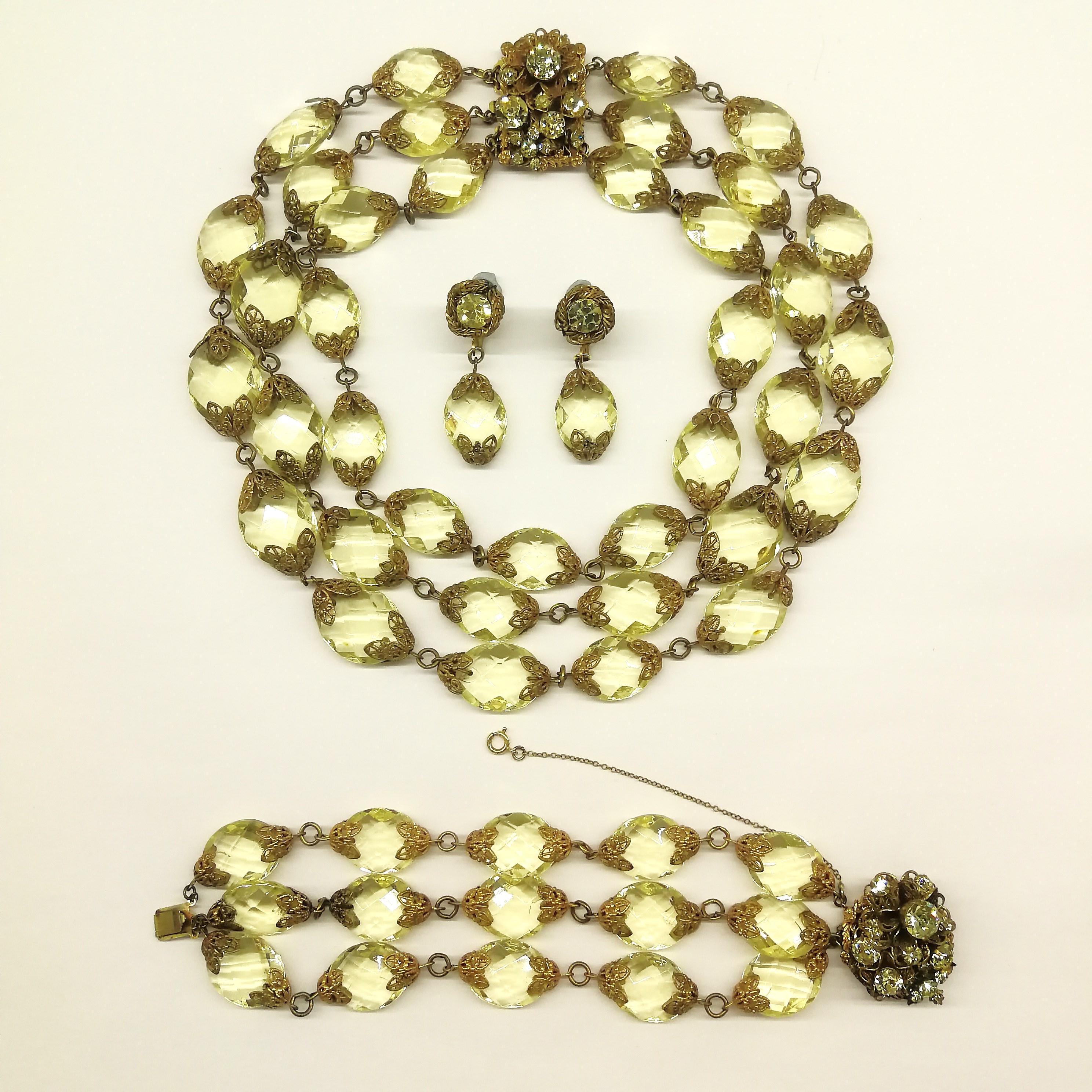 Faceted citrine glass and gilded metal parure, Miriam Haskell, 1960s In Excellent Condition In Greyabbey, County Down