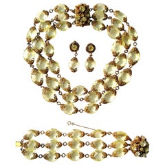 Vintage Faceted citrine glass and gilded metal parure, Miriam Haskell, 1960s