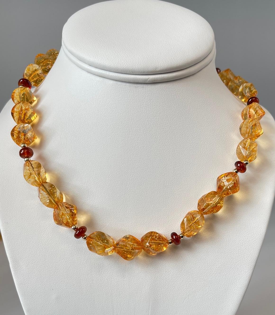 Faceted Citrine Nugget Beaded Necklace with Garnets and Yellow Gold 1