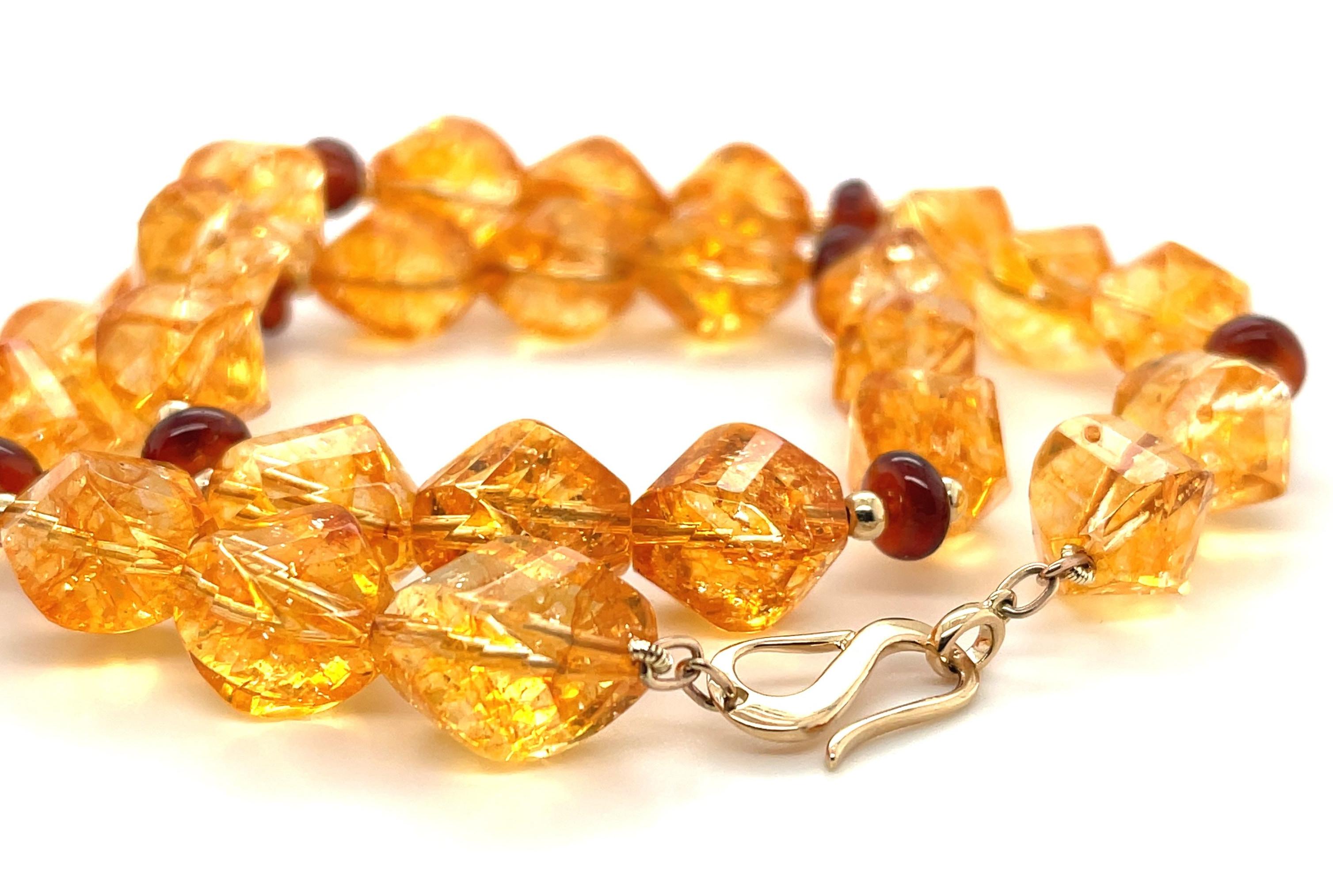 Artisan Faceted Citrine Nugget Beaded Necklace with Garnets and Yellow Gold For Sale