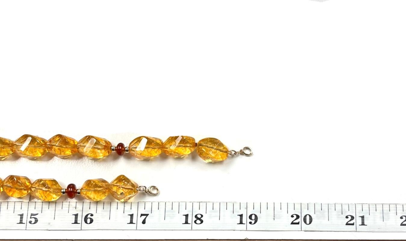 Women's or Men's Faceted Citrine Nugget Beaded Necklace with Garnets and Yellow Gold For Sale