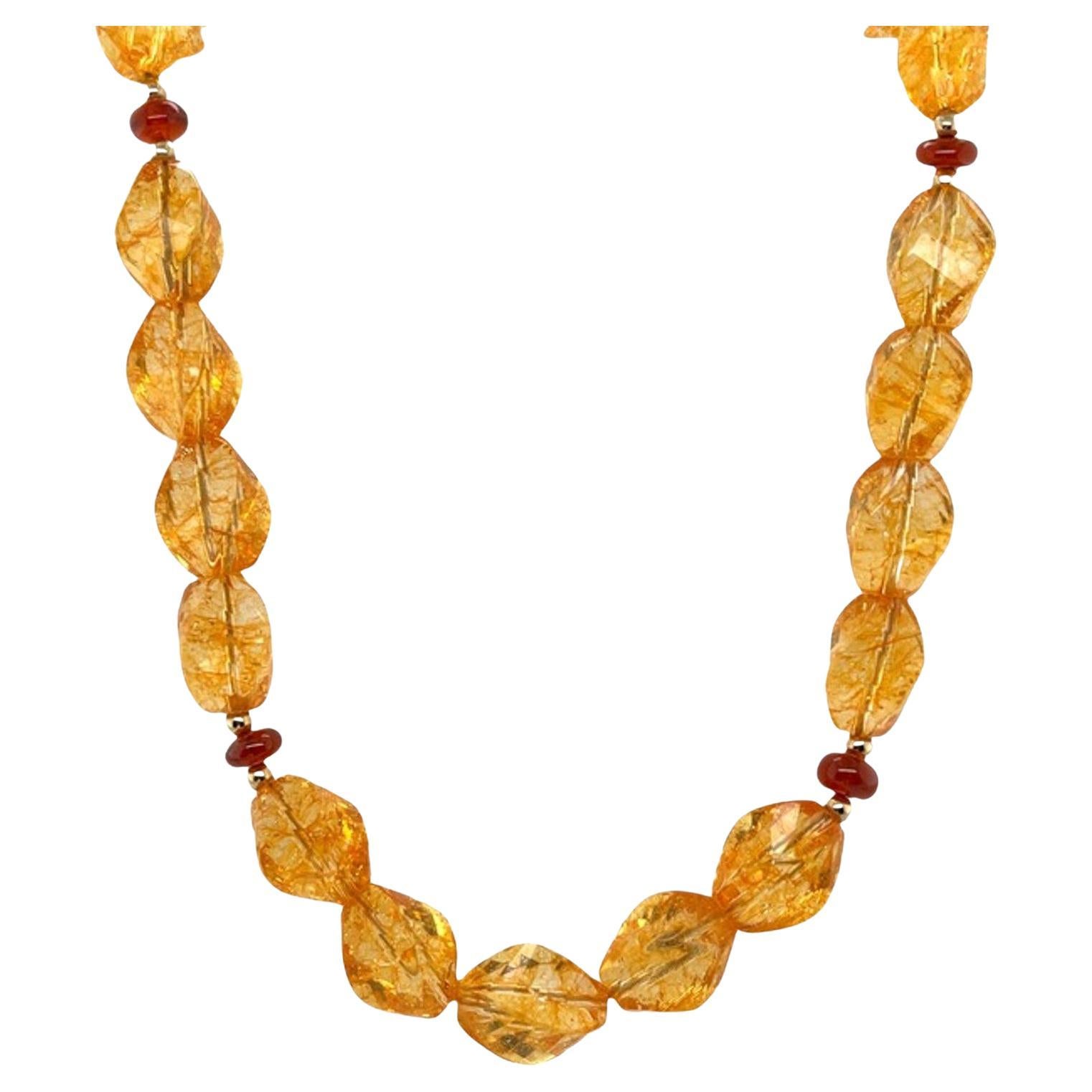 Faceted Citrine Nugget Beaded Necklace with Garnets and Yellow Gold For Sale
