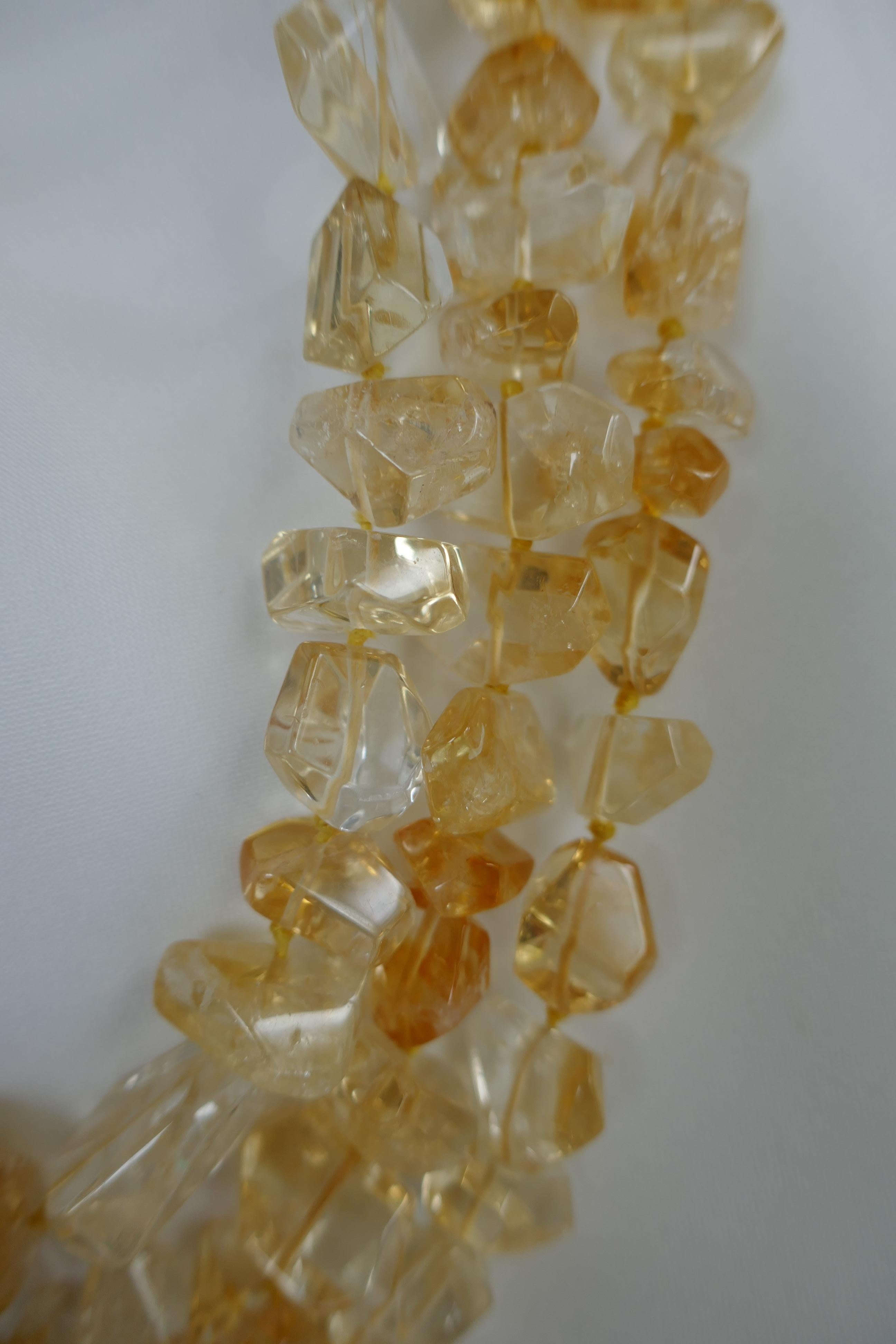 Contemporary Faceted Citrine Nuggets 925 Vermeil Multi Strand Graduated Gemstone Necklace For Sale