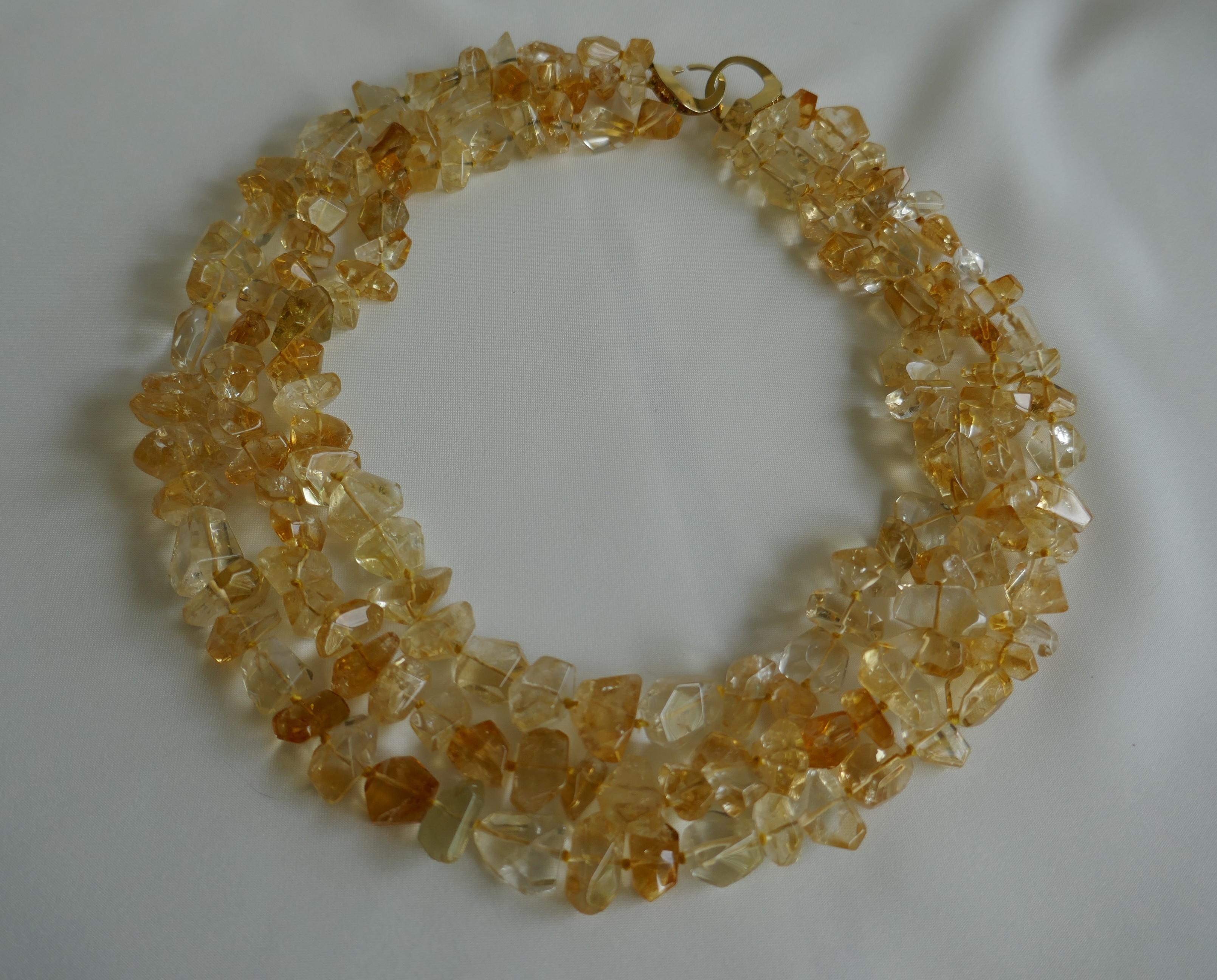Women's Faceted Citrine Nuggets 925 Vermeil Multi Strand Graduated Gemstone Necklace For Sale