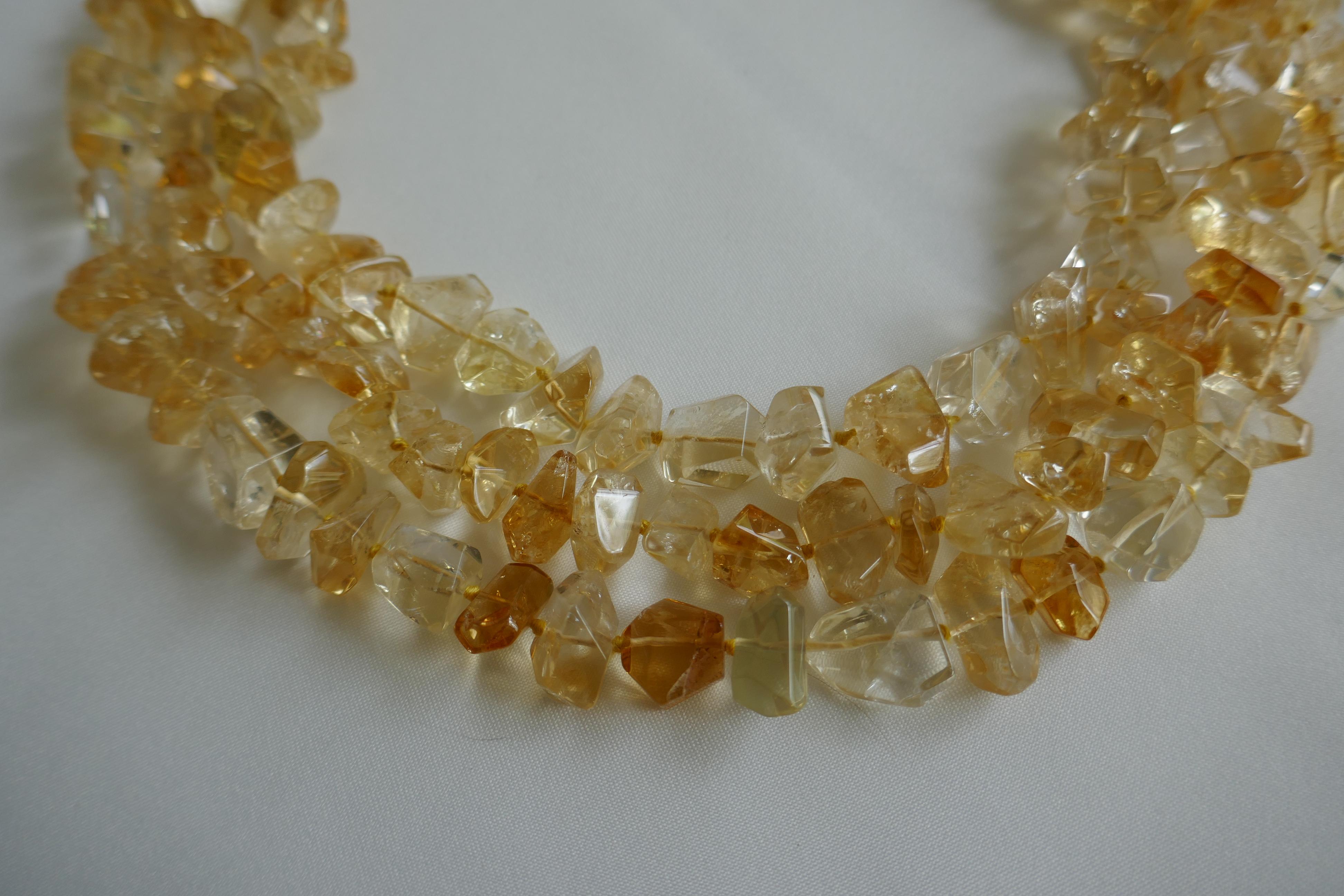 Faceted Citrine Nuggets 925 Vermeil Multi Strand Graduated Gemstone Necklace For Sale 1