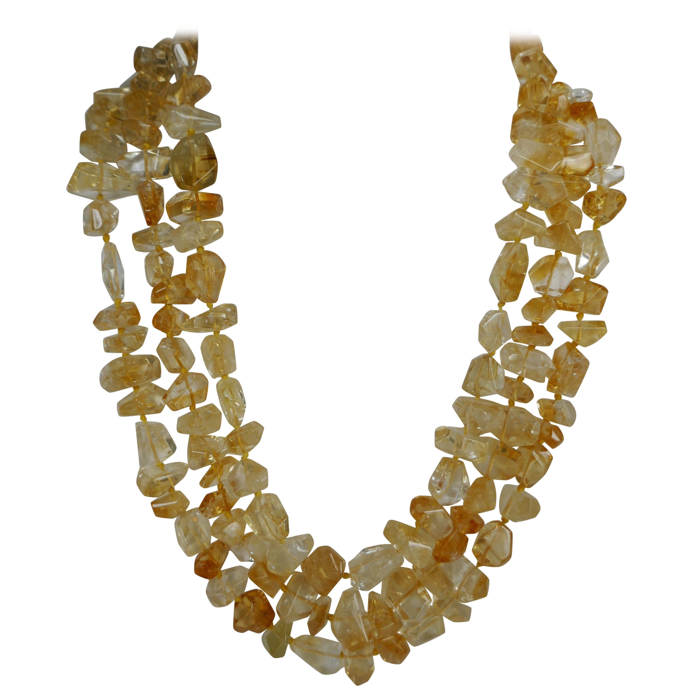 Faceted Citrine Nuggets 925 Vermeil Multi Strand Graduated Gemstone Necklace For Sale