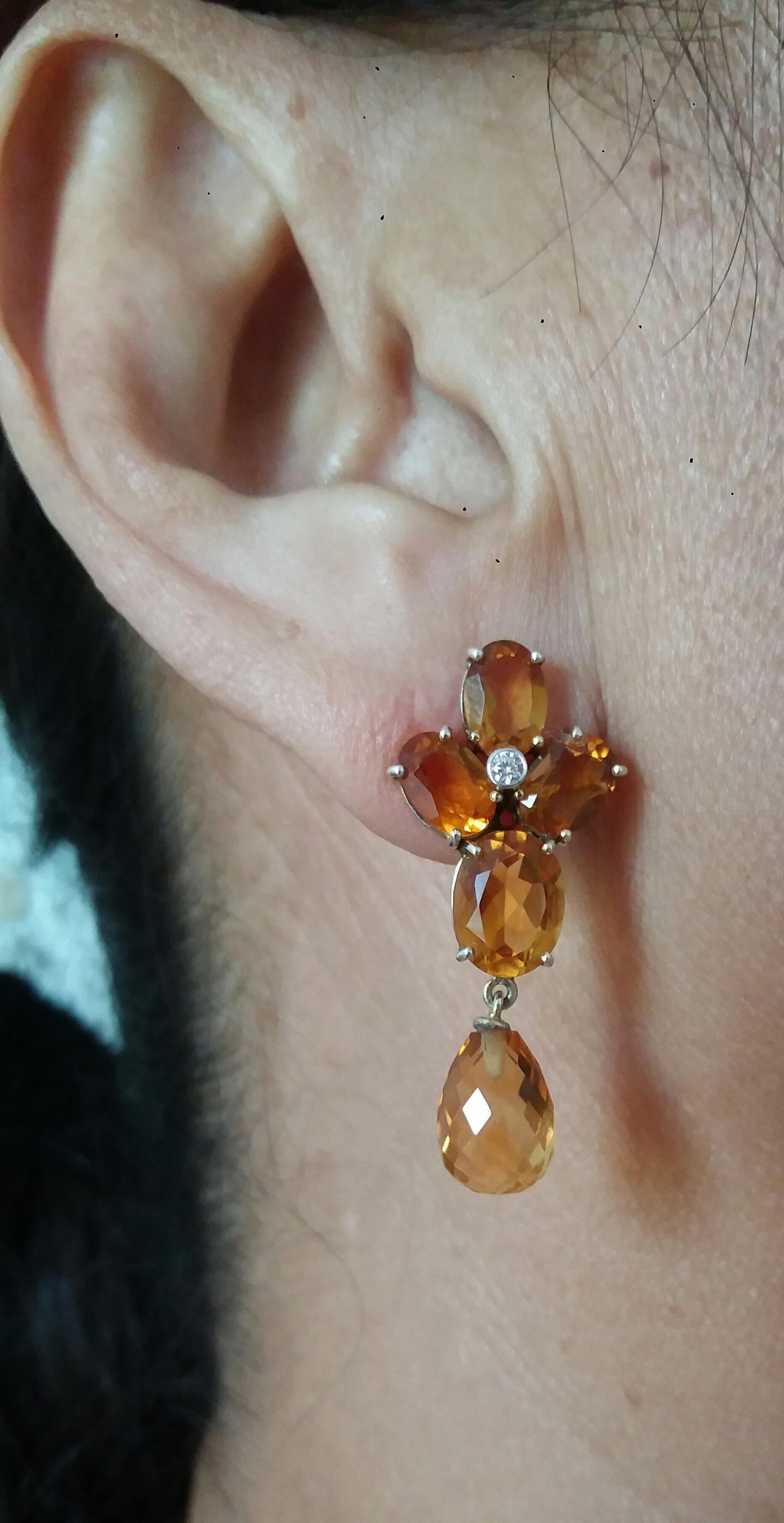Faceted Cognac Citrines Gold Diamonds Faceted Pear Shape Citrine Drops Earrings For Sale 7