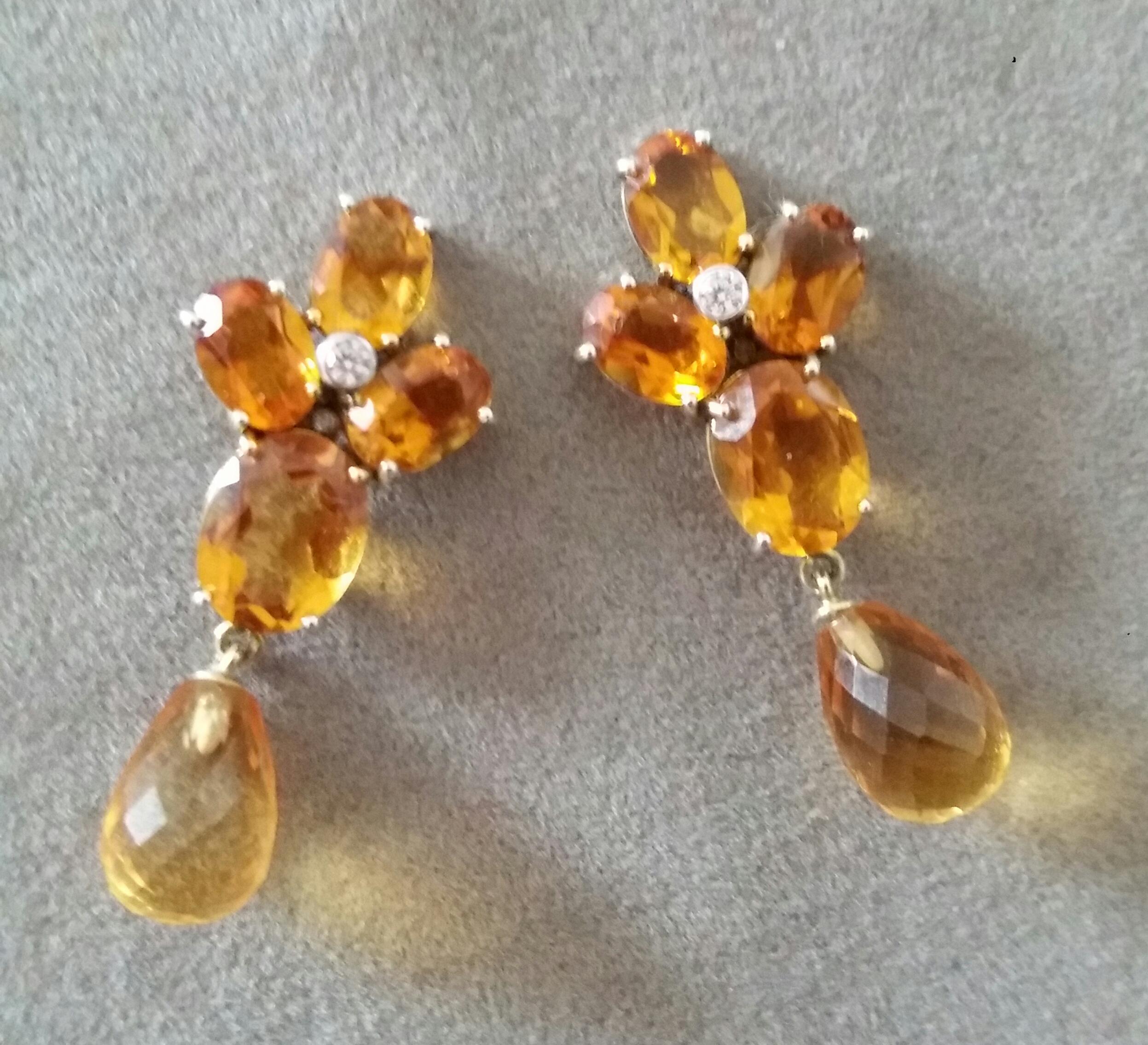 Contemporary Faceted Cognac Citrines Gold Diamonds Faceted Pear Shape Citrine Drops Earrings For Sale