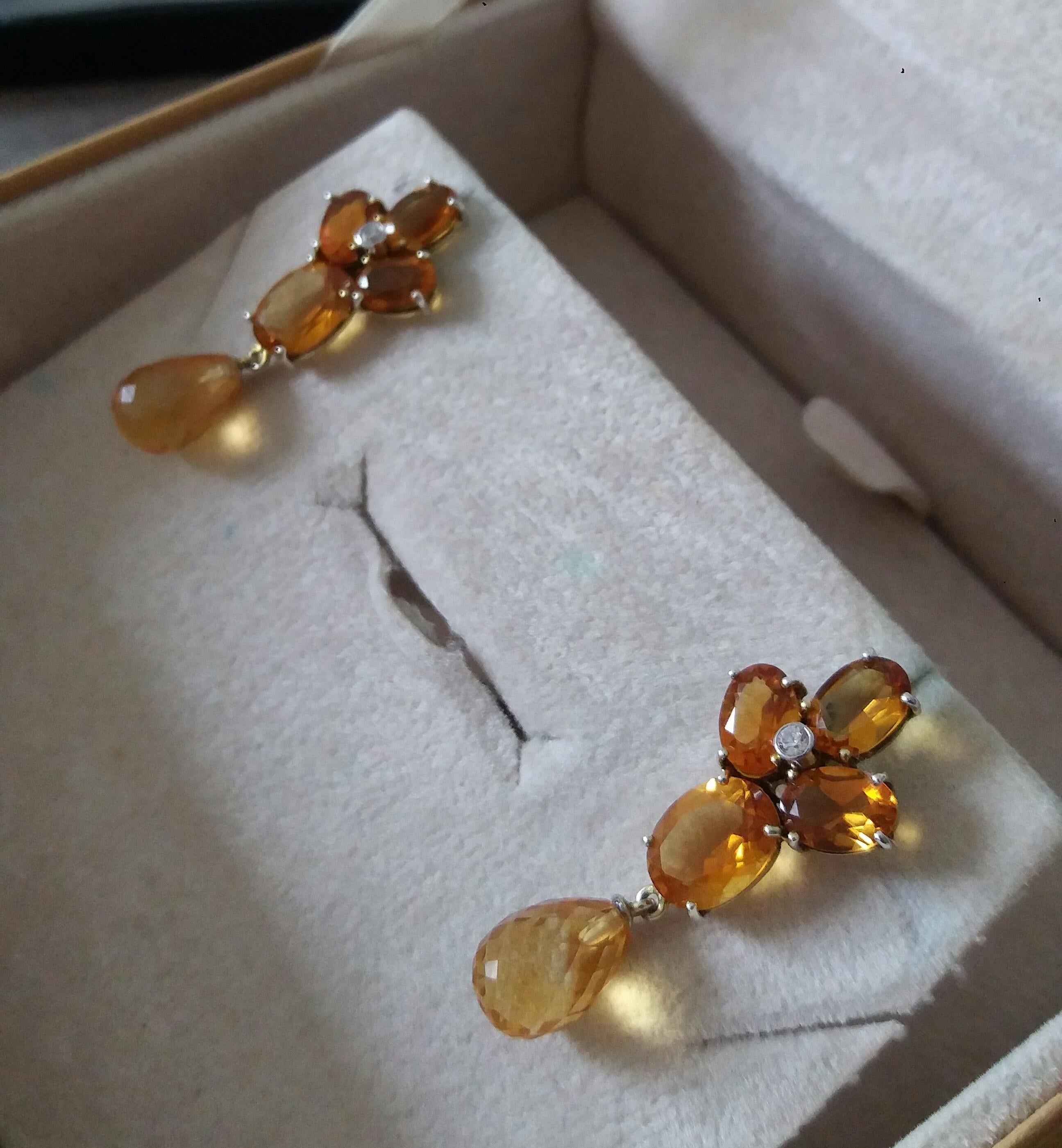 Faceted Cognac Citrines Gold Diamonds Faceted Pear Shape Citrine Drops Earrings For Sale 2