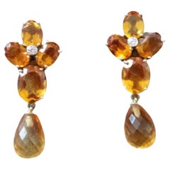 Boucles d'oreilles en gouttes en or avec citrines cognac facettées, diamants et citrine en forme de poire facettée
